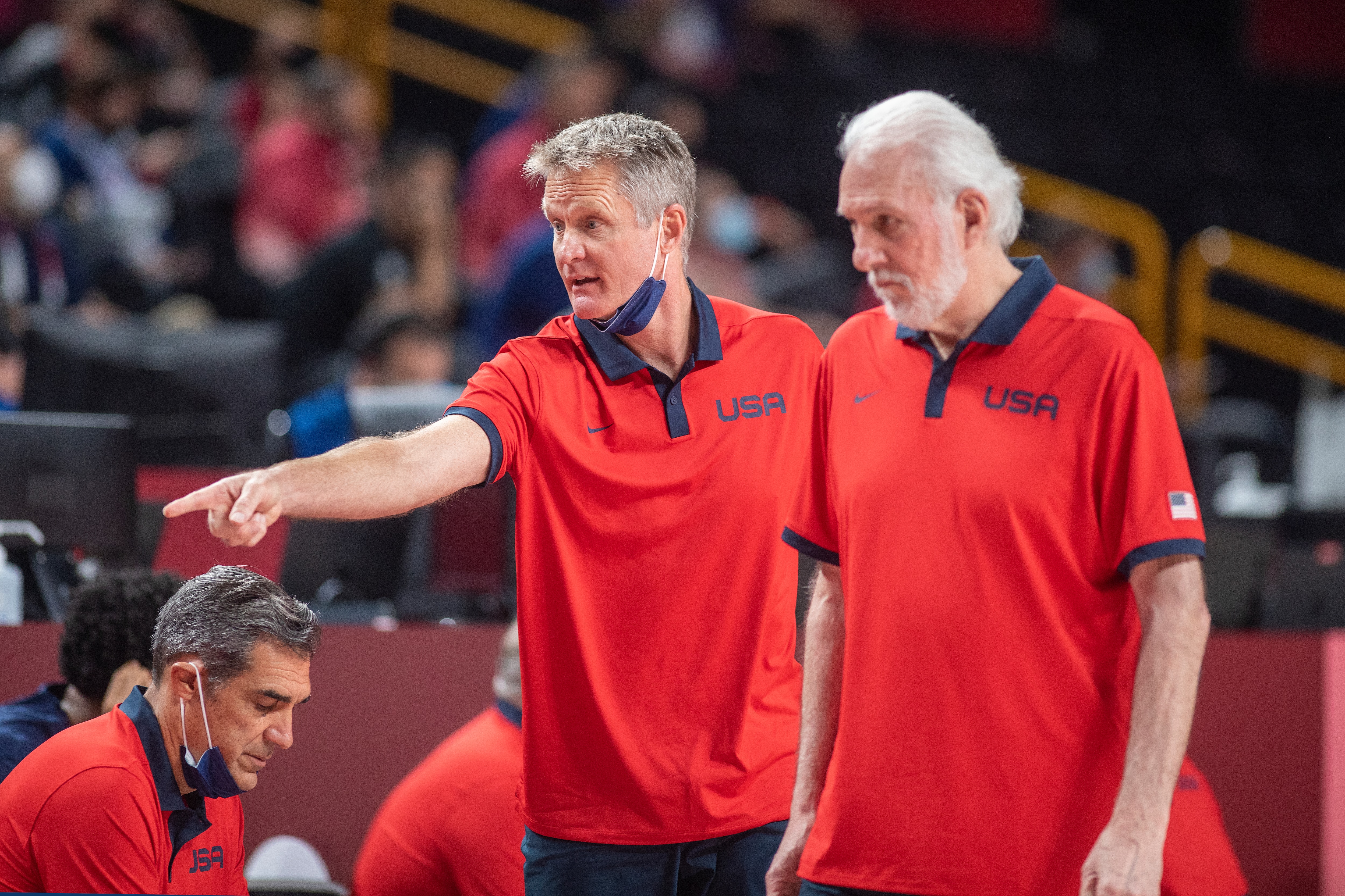TOKYO, JAPAN August 7:  Gregg Popovich, head coach of the United States team on the sideline with assistant coach Steve Kerr during the France V USA basketball final for men at the Saitama Super Arena during the Tokyo 2020 Summer Olympic Games on August 7, 2021 in Tokyo, Japan. (Photo by Tim Clayton/Corbis via Getty Images)