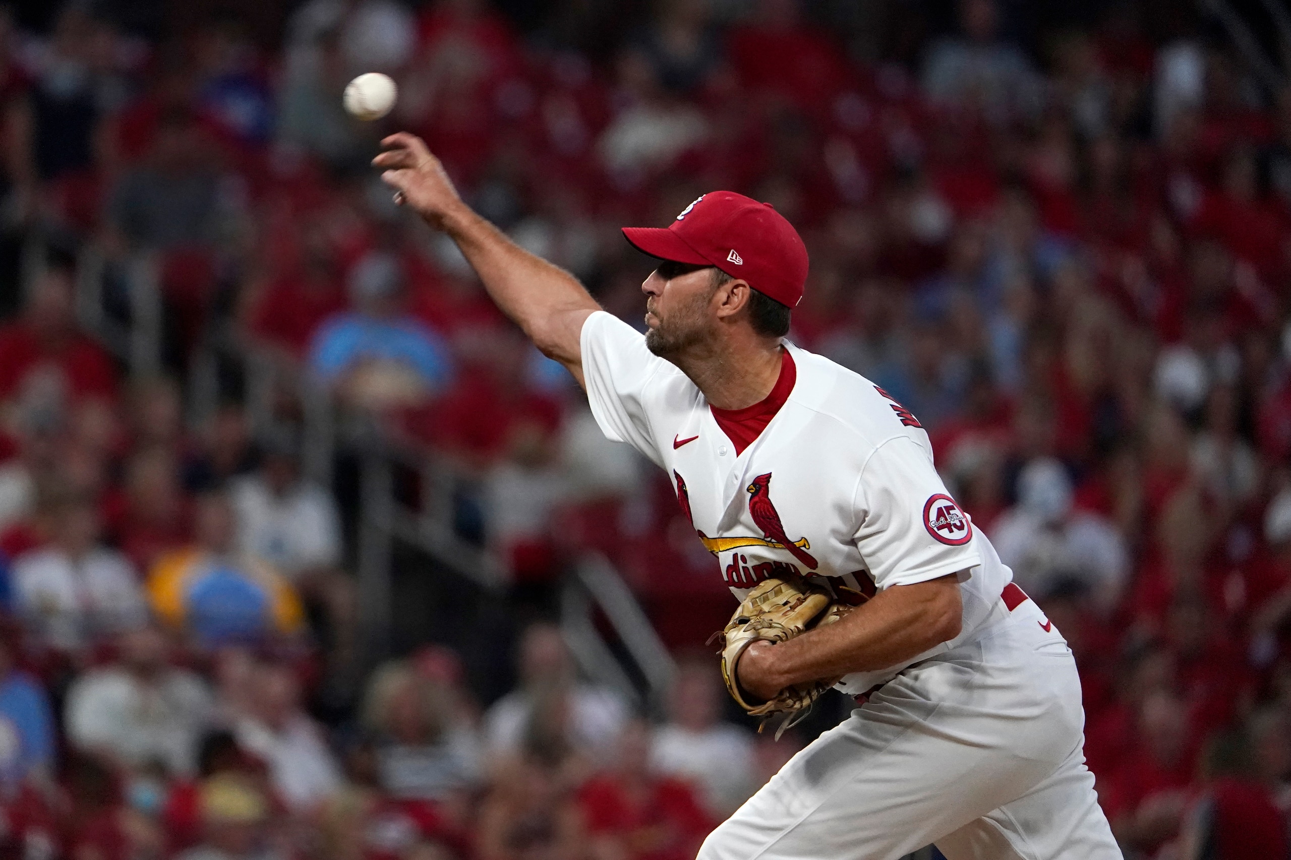 St. Louis Cardinals starting pitcher Adam Wainwright throws during the first inning of a baseball game against the Milwaukee Brewers Tuesday, Sept. 28, 2021, in St. Louis. (AP Photo/Jeff Roberson)