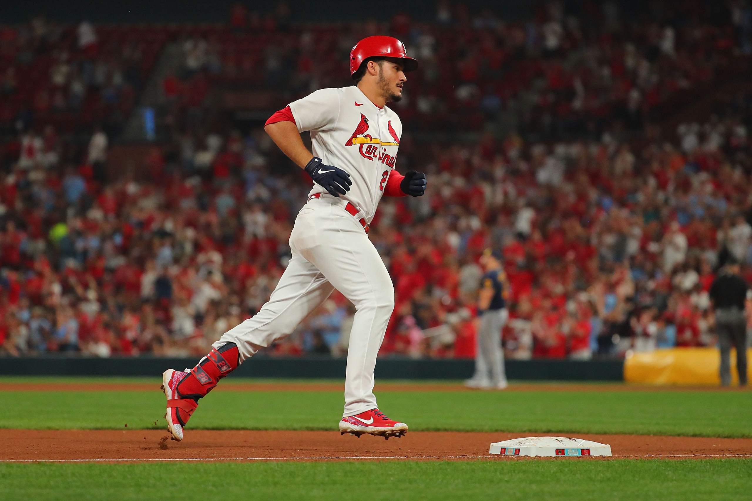 ST LOUIS, MO - SEPTEMBER 28: Nolan Arenado #28 of the St. Louis Cardinals rounds third base on his home run against the Milwaukee Brewers in the seventh inning at Busch Stadium on September 28, 2021 in St Louis, Missouri. (Photo by Dilip Vishwanat/Getty Images)