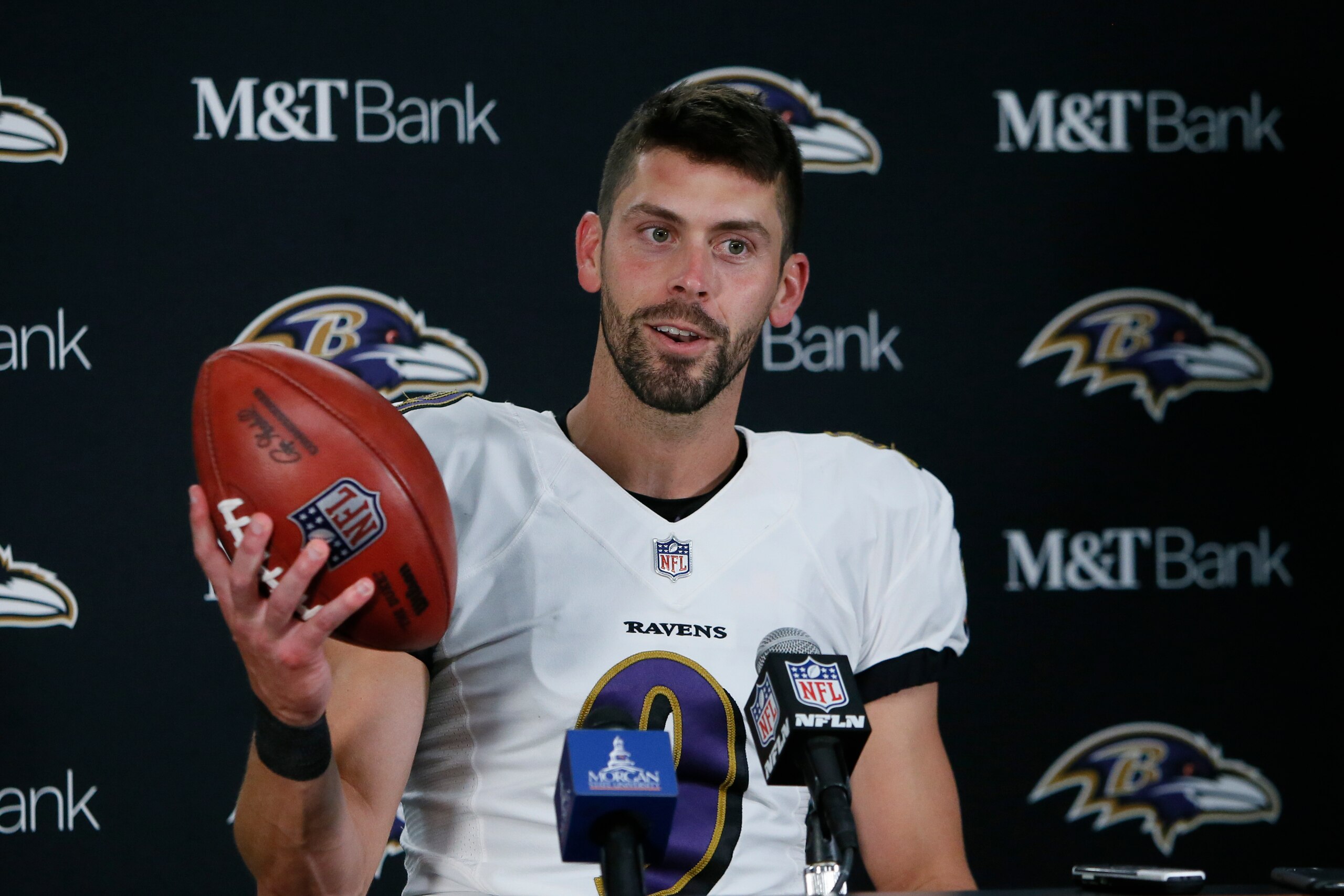 Baltimore Ravens kicker Justin Tucker speaks to the media after an NFL football game against the Detroit Lions in Detroit, Sunday, Sept. 26, 2021. Tucker kicked a 66-yard field goal to beat the Detroit Lions 19-17. (AP Photo/Duane Burleson)