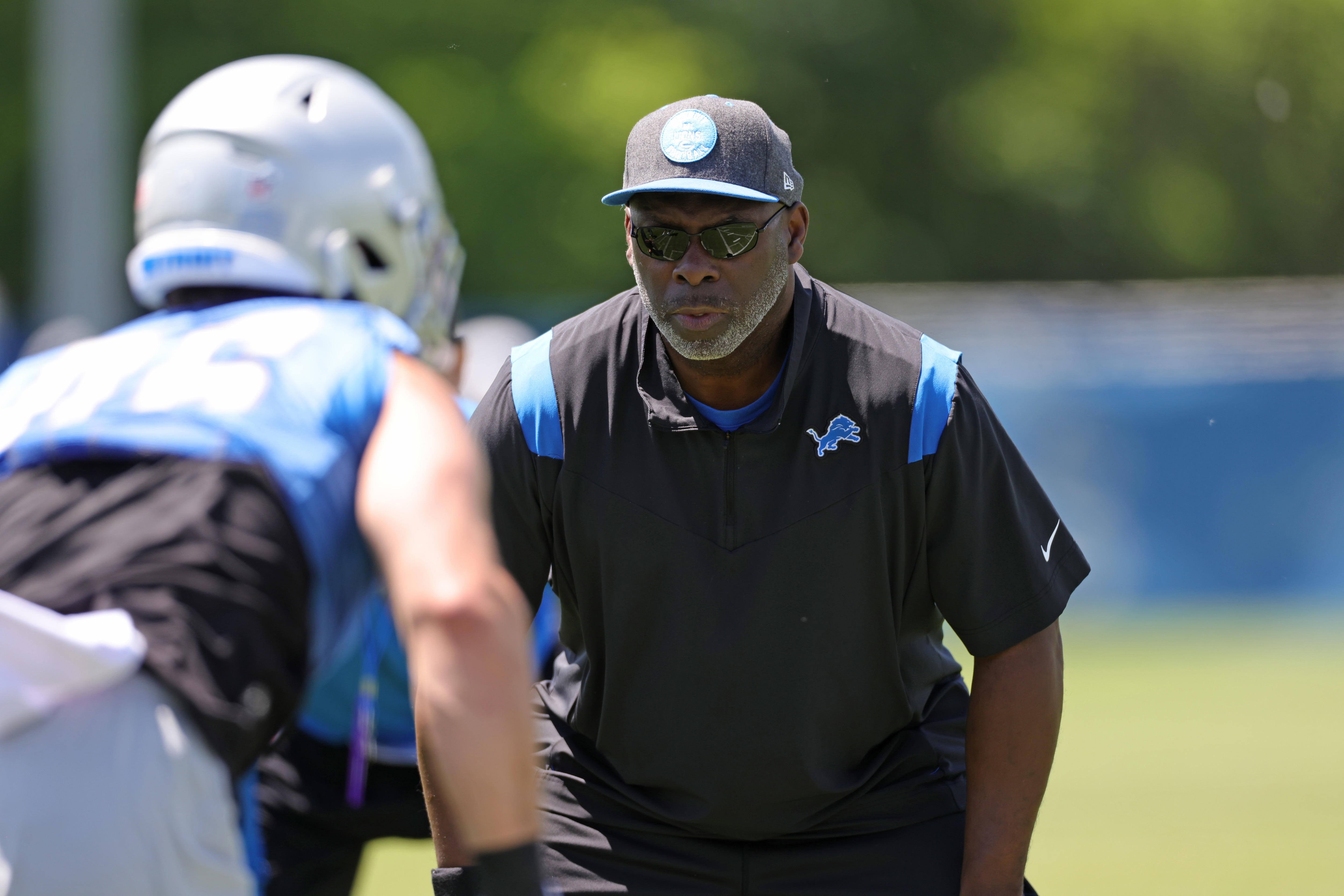 ALLEN PARK, MICHIGAN - MAY 27: Anthony Lynn
Offensive Coordinator of the Detroit Lions goes through the afternoon drills during the practice session on May 27, 2021 in Allen Park, Michigan. (Photo by Leon Halip/Getty Images)