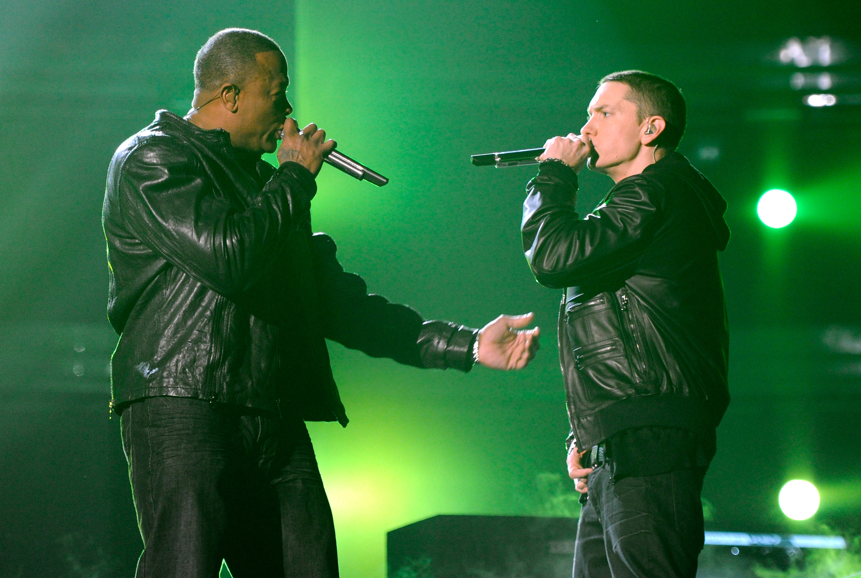 LOS ANGELES, CA - FEBRUARY 13:  Dr Dre and Eminem perform onstage during The 53rd Annual GRAMMY Awards held at Staples Center on February 13, 2011 in Los Angeles, California.  (Photo by Kevin Mazur/WireImage)