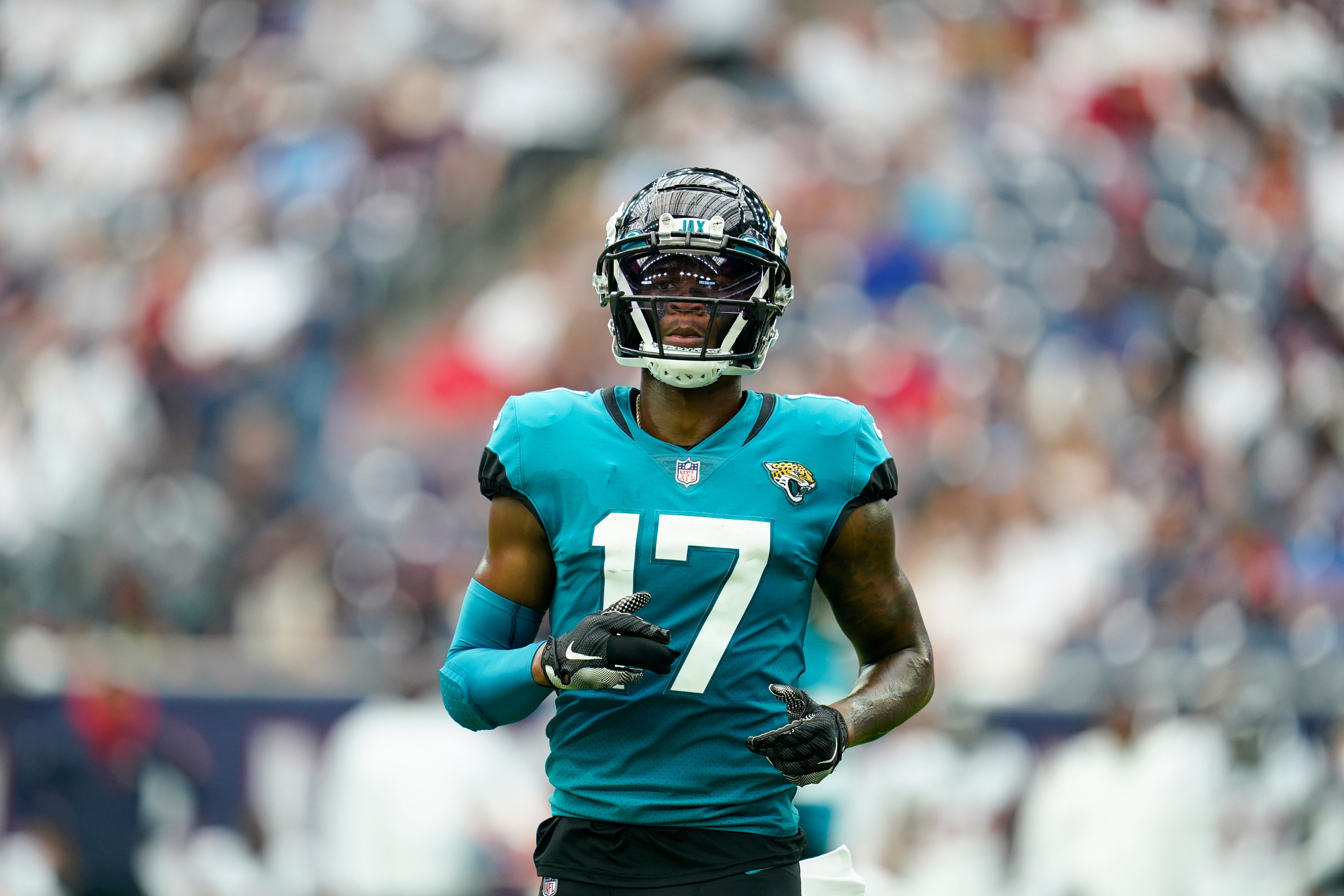 Jacksonville Jaguars wide receiver DJ Chark Jr. (17) lines up for the snap during an NFL football game against the Houston Texans, Sunday, Sept. 12, 2021, in Houston. (AP Photo/Matt Patterson)