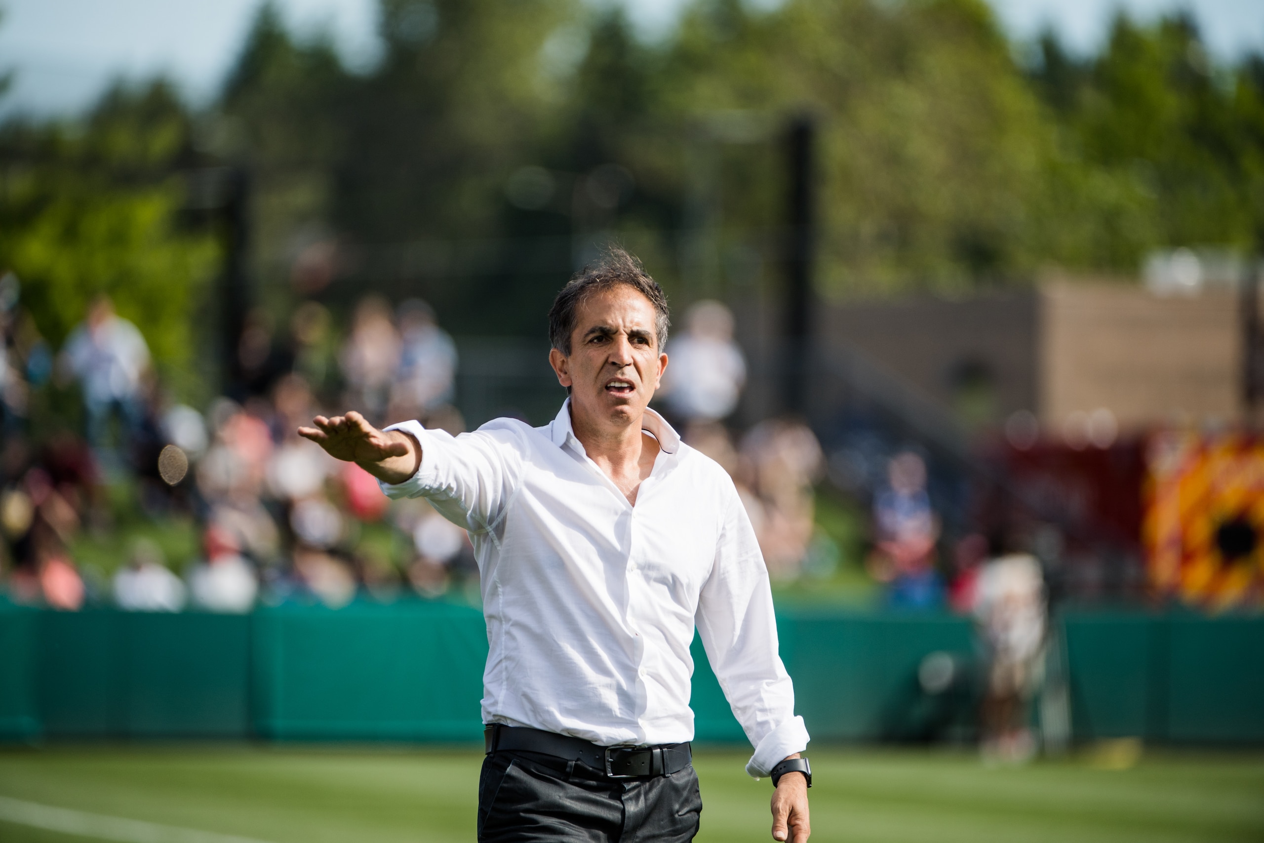 TACOMA, WA - MAY 30: OL Reign head coach Farid Benstiti reacts at the referee during a game between Washington Spirit and OL Reign at Cheney Stadium on May 30, 2021 in Tacoma, Washington. (Photo by Jane Gershovich/ISI Photos/Getty Images)