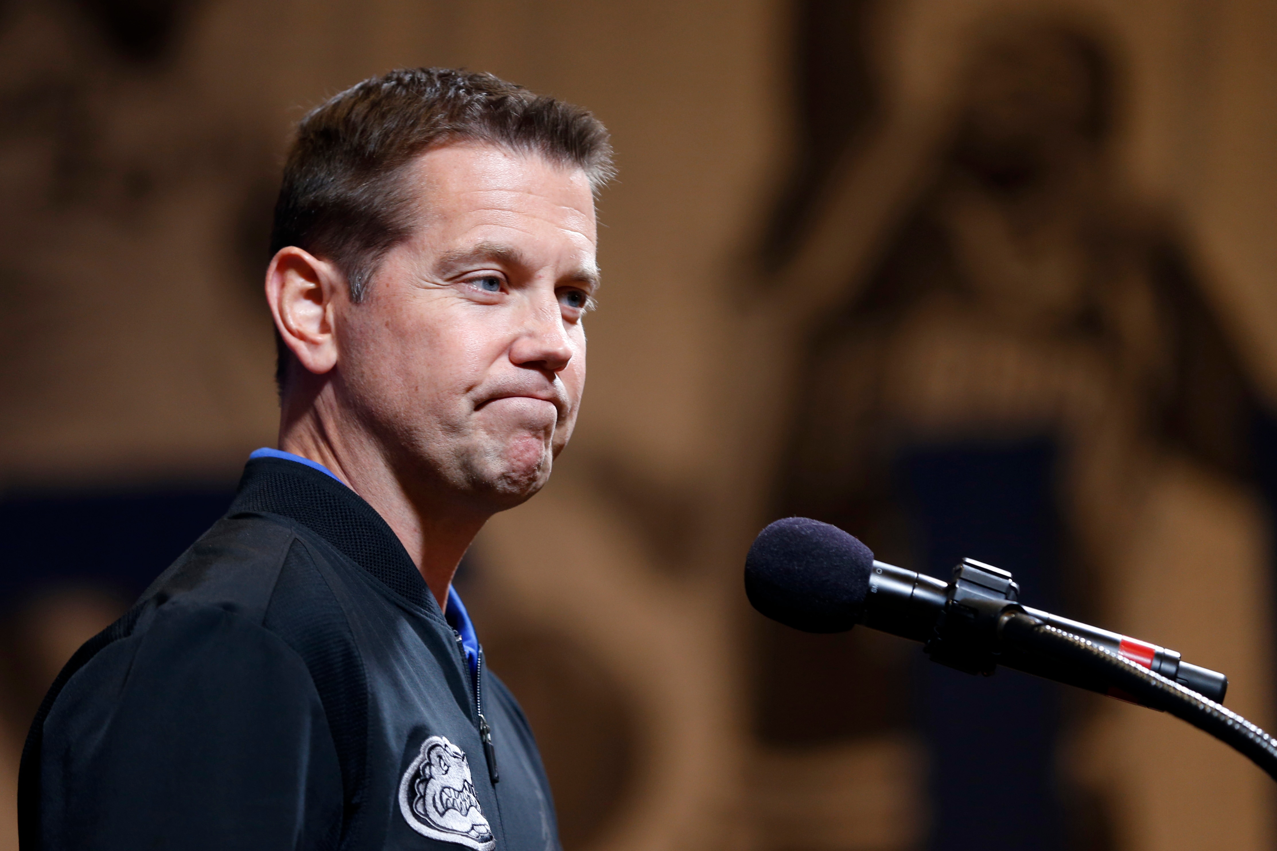 FILE - In this Oct. 17, 2019, file photo, Florida head coach Cam Newbauer speaks during the Southeastern Conference NCAA college basketball media day in Birmingham, Ala. Former Florida women’s basketball coach Cam Newbauer verbally abused players, assistants and staff members, creating a toxic environment that athletic department officials seemingly failed to fix for years, according to a report by The Independent Florida Alligator. The Alligator, a student-run paper that’s not affiliated with the university, spoke to several former players and some of their parents before detailing the alleged abuse Monday, Sept. 27, 2021. (AP Photo/Butch Dill, File)