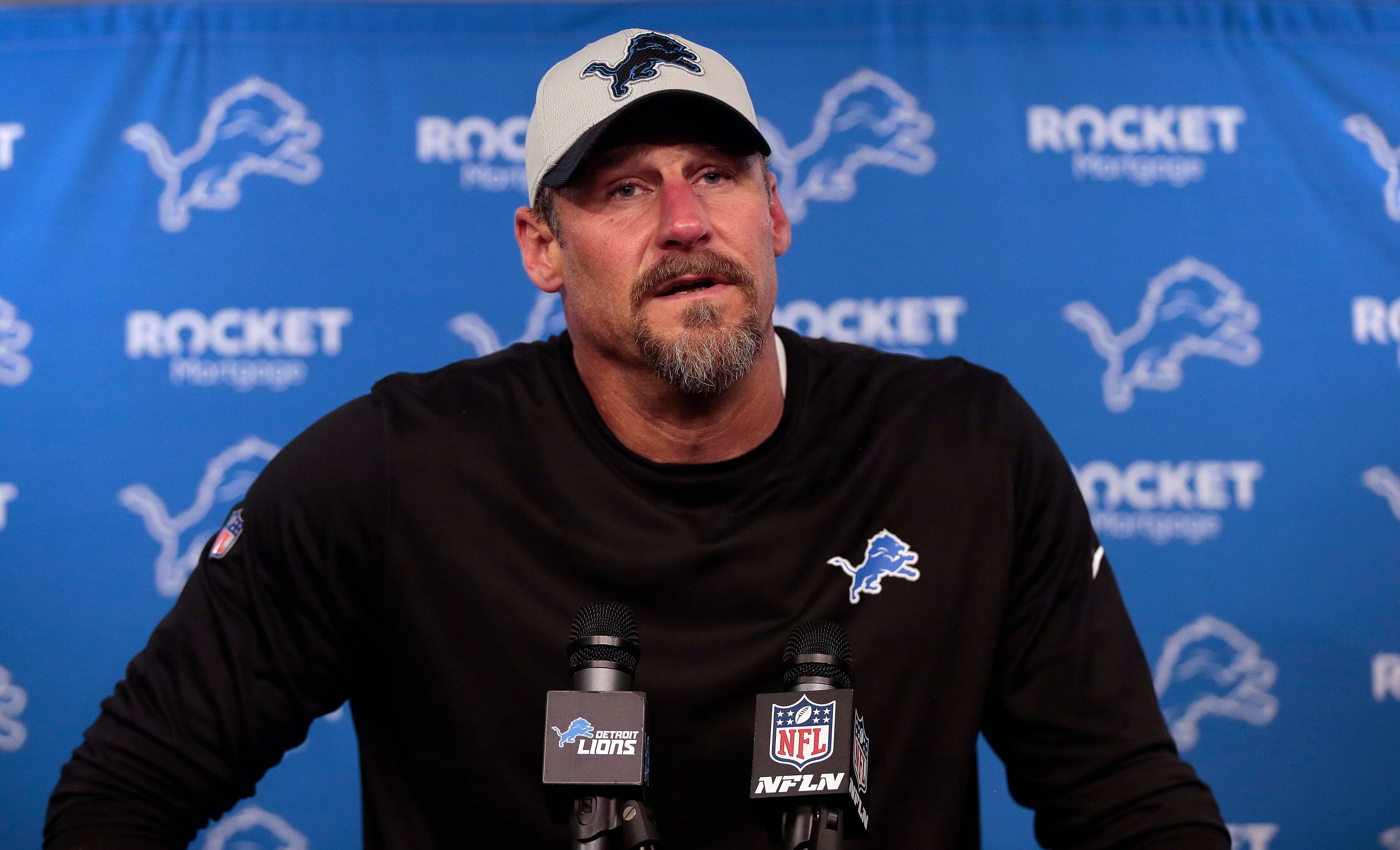 Detroit Lions head coach Dan Campbell speaks to the media after an NFL football game against the Baltimore Ravens in Detroit, Sunday, Sept. 26, 2021. (AP Photo/Tony Ding)