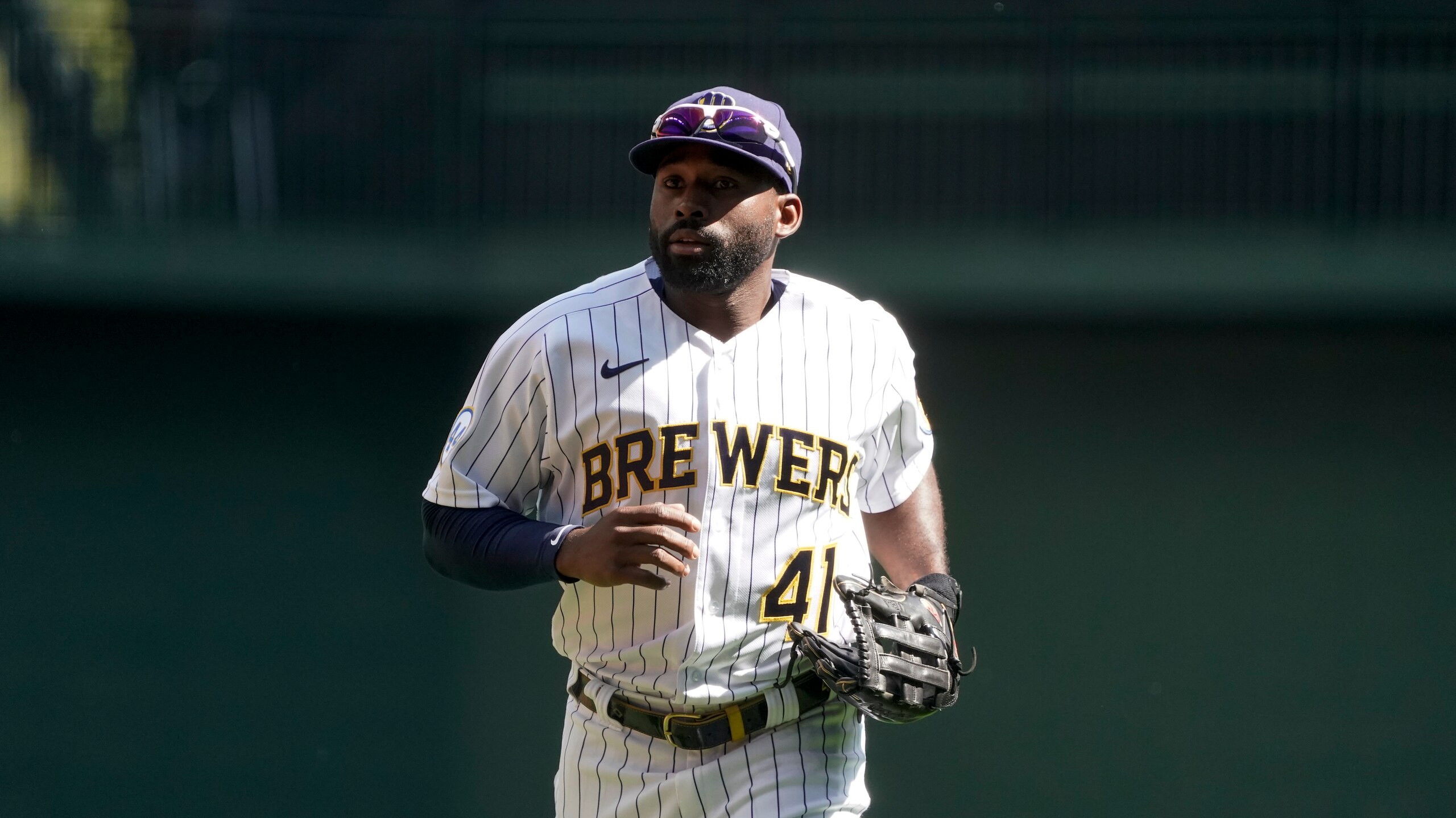 Milwaukee Brewers' Jackie Bradley Jr. runs during the second inning of a baseball game against the Chicago Cubs Sunday, Sept. 19, 2021, in Milwaukee. (AP Photo/Morry Gash)