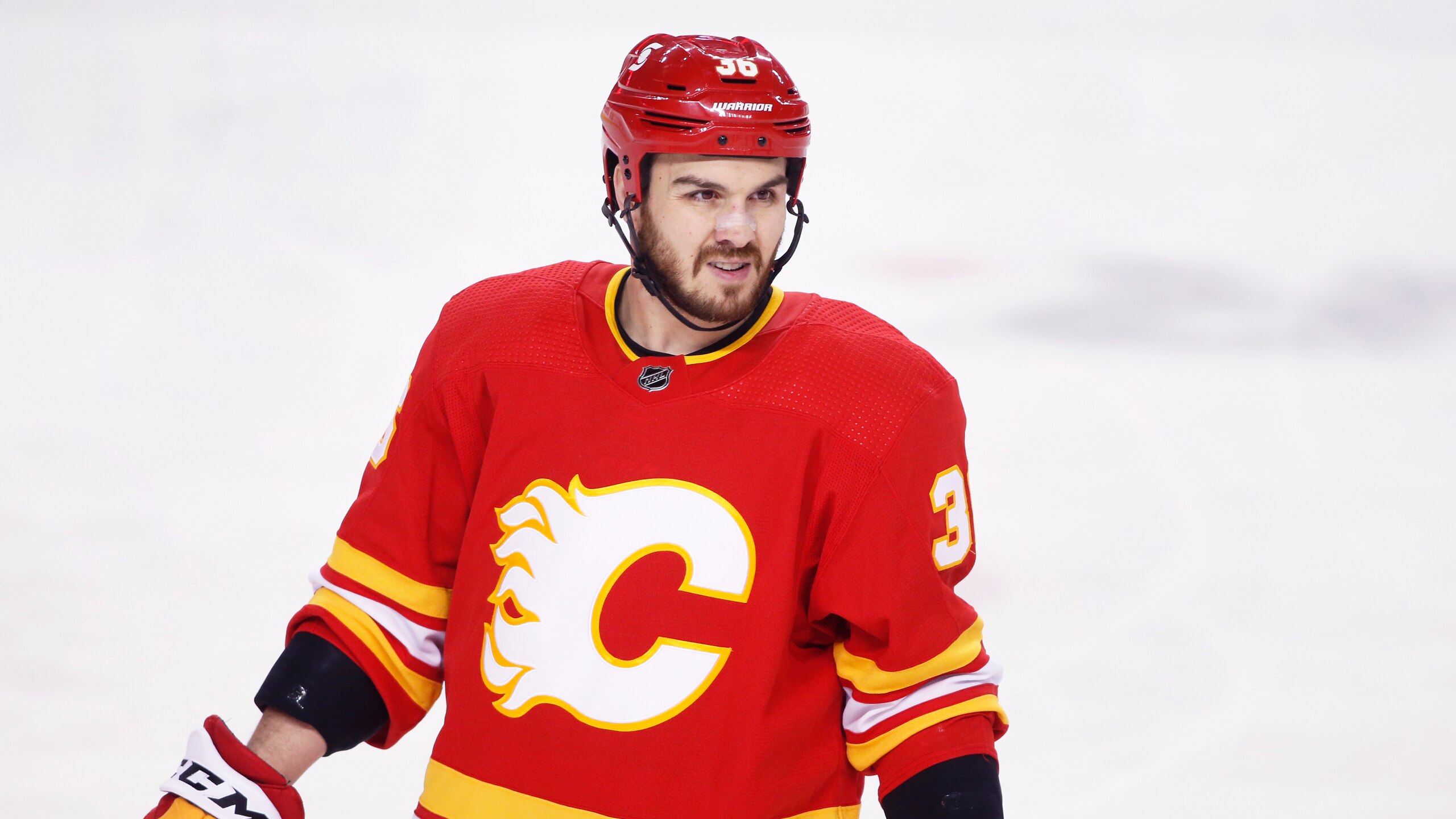 Calgary Flames' Zac Rinaldo during an NHL hockey game, Sunday, March 7, 2021, in Calgary, Canada. (AP Photo/Larry MacDougal) Calgary Flames' Zac Rinaldo during an NHL hockey game, Sunday, March 7, 2021, in Calgary, Canada. (AP Photo/Larry MacDougal)