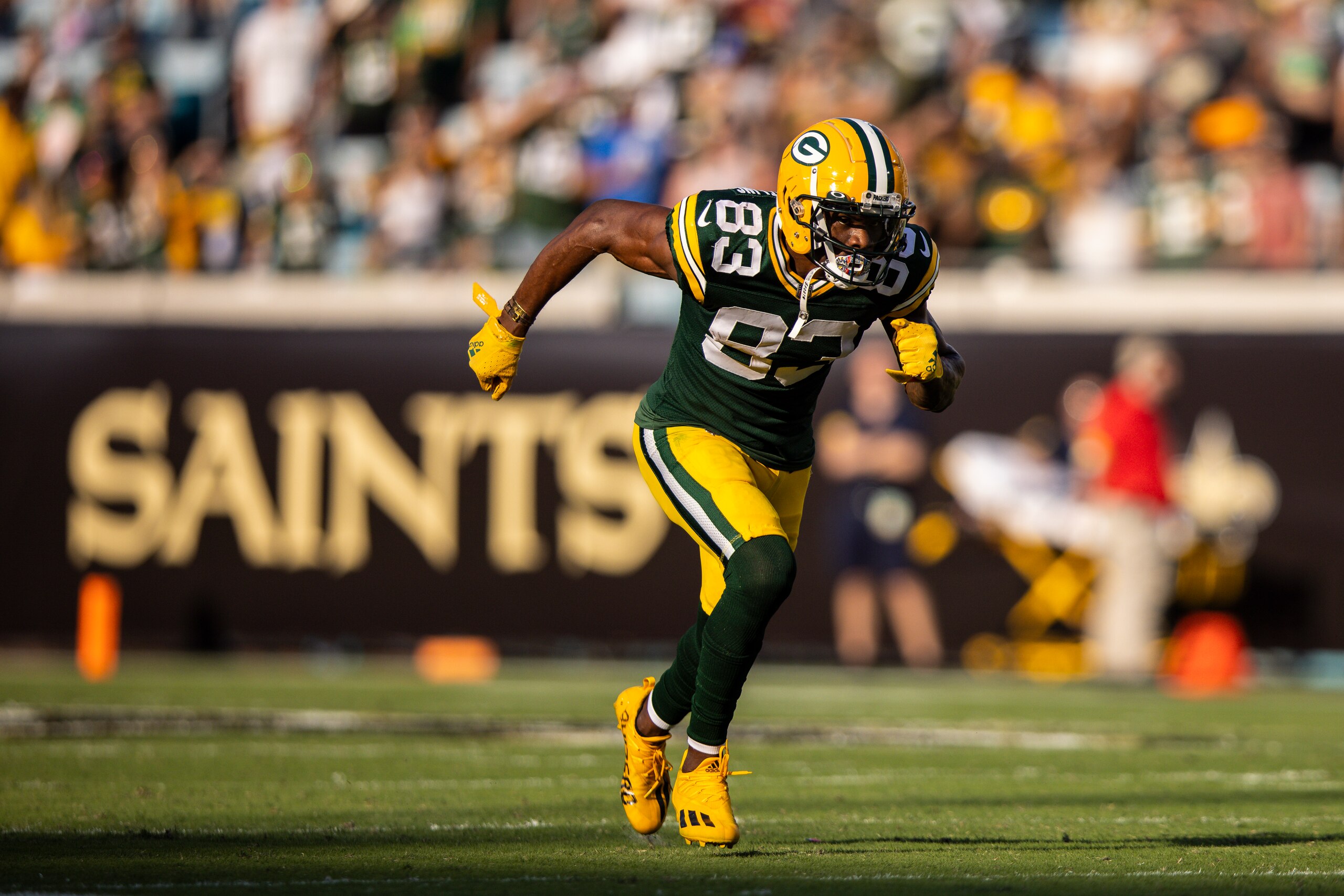 JACKSONVILLE, FLORIDA - SEPTEMBER 12: Marquez Valdes-Scantling #83 of the Green Bay Packers runs during the third quarter of a game against the New Orleans Saints at TIAA Bank Field on September 12, 2021 in Jacksonville, Florida. (Photo by James Gilbert/Getty Images)