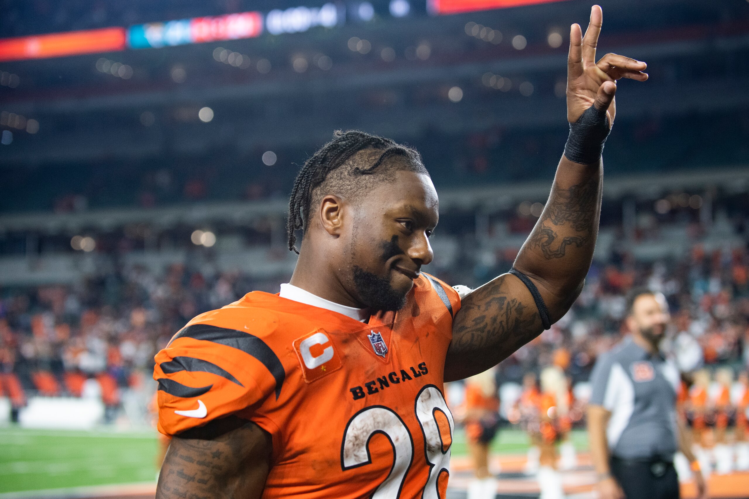 Cincinnati Bengals running back Joe Mixon (28) walks off the field after an NFL football game against the Jacksonville Jaguars, Thursday, Sept. 30, 2021, in Cincinnati. (AP Photo/Emilee Chinn)