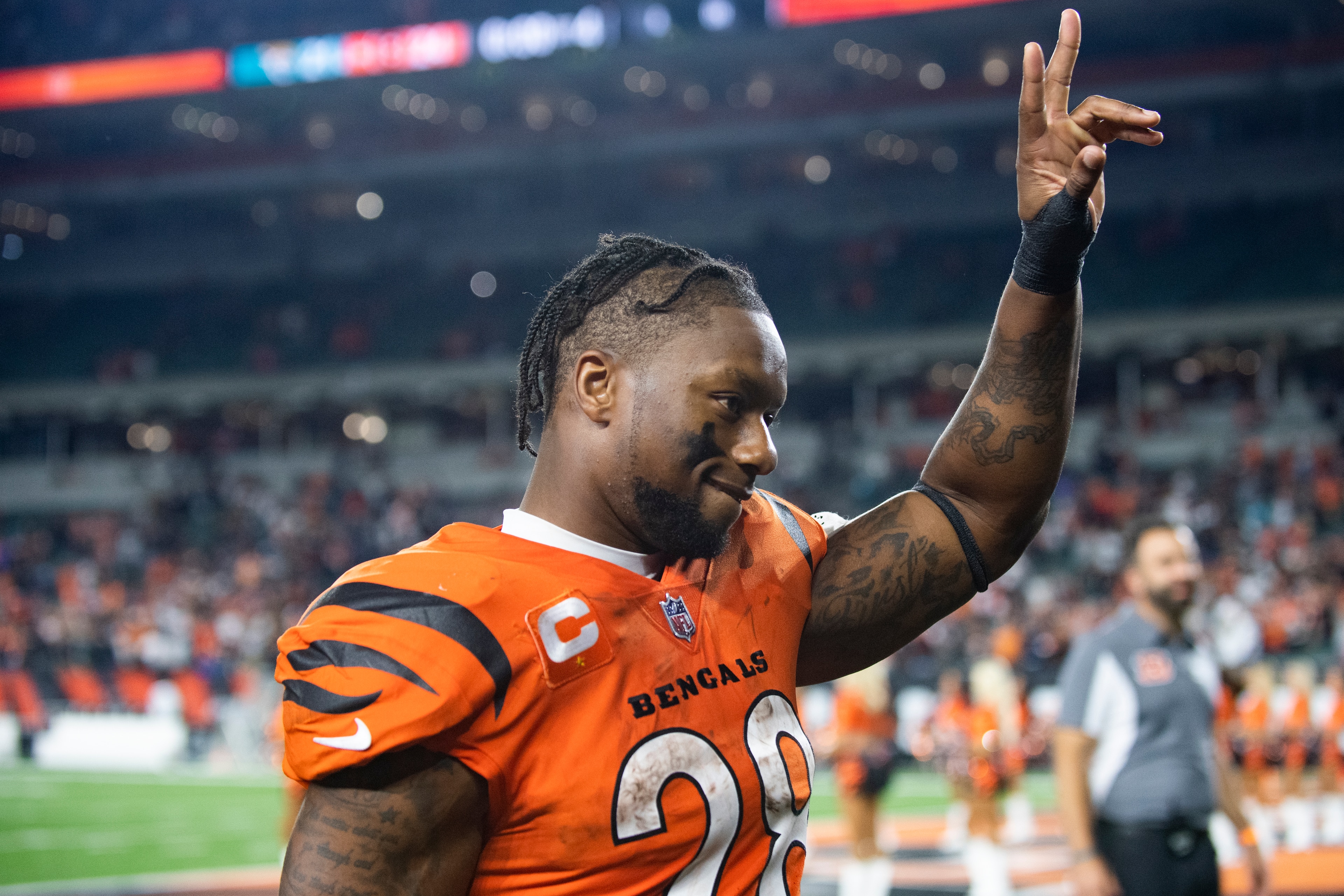 Cincinnati Bengals running back Joe Mixon (28) walks off the field after an NFL football game against the Jacksonville Jaguars, Thursday, Sept. 30, 2021, in Cincinnati. (AP Photo/Emilee Chinn)