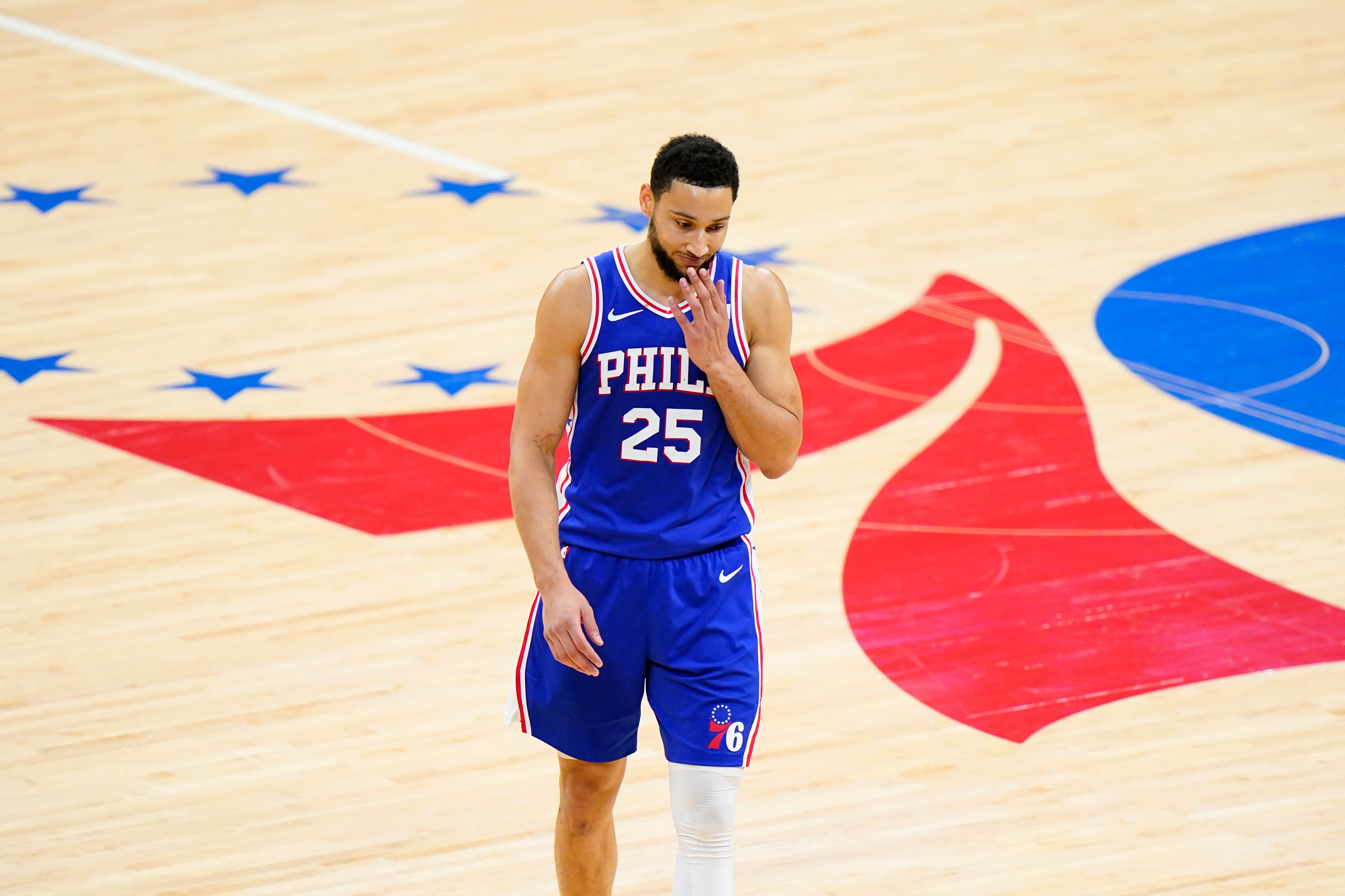 Philadelphia 76ers' Ben Simmons wipes his face after missing a pair of free-throws during the first half of Game 5 in a second-round NBA basketball playoff series against the Atlanta Hawks, Wednesday, June 16, 2021, in Philadelphia. (AP Photo/Matt Slocum)