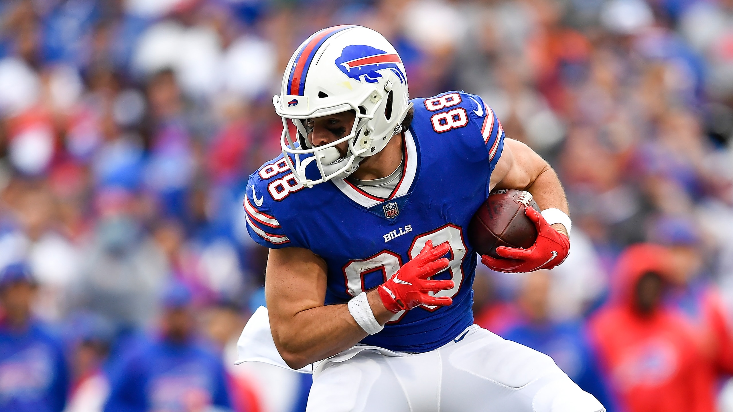 Buffalo Bills tight end Dawson Knox (88) during the second half of an NFL football game against the Washington Football Team Sunday, Sept. 26, 2021, in Orchard Park, N.Y. (AP Photo/Adrian Kraus)