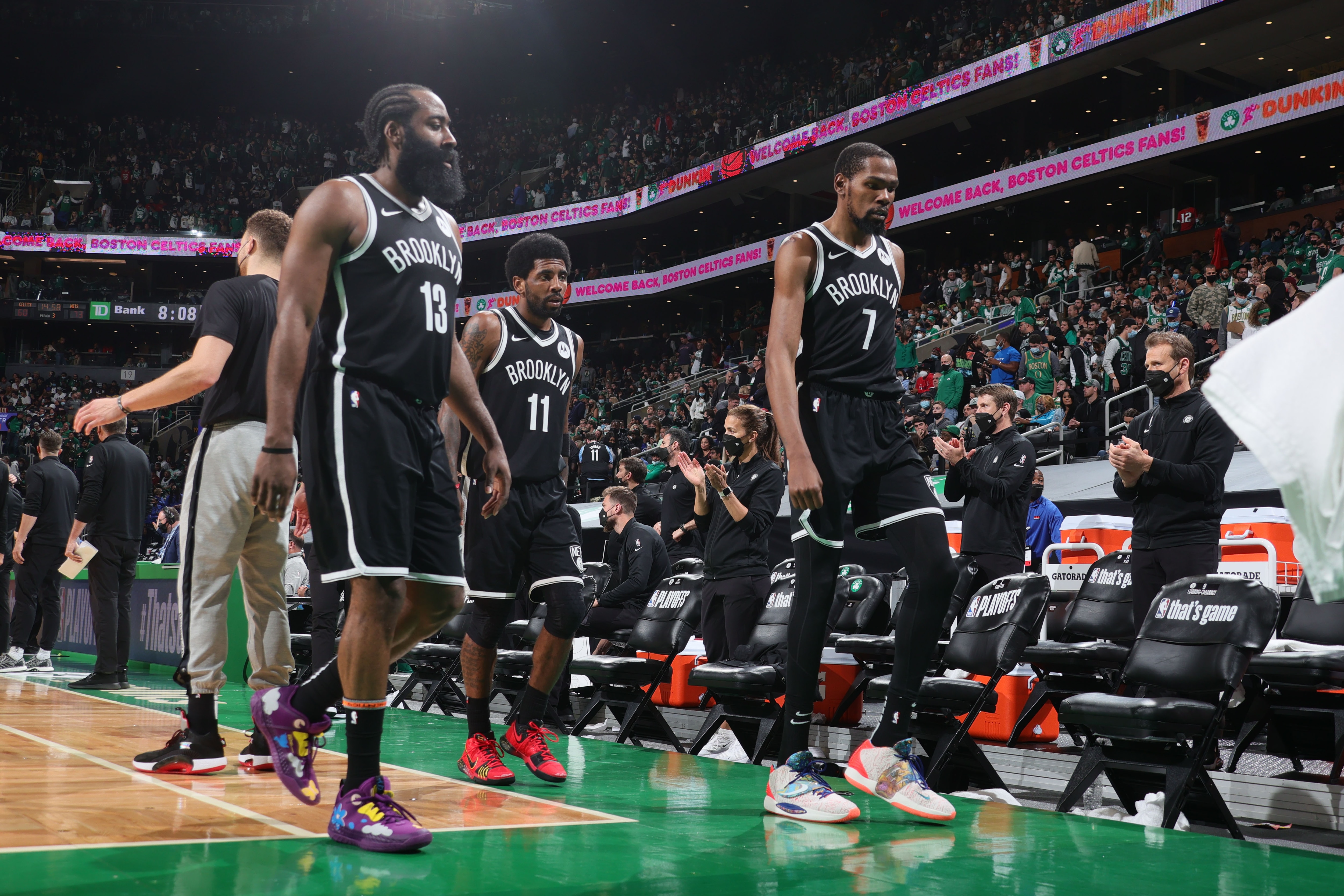 BOSTON, MA - MAY 30: James Harden #13, Kyrie Irving #11 and Kevin Durant #7 of the Brooklyn Nets walk off the court at halftime during Round 1, Game 4 of the 2021 NBA Playoffs on May 30, 2021 at the TD Garden in Boston, Massachusetts.  NOTE TO USER: User expressly acknowledges and agrees that, by downloading and or using this photograph, User is consenting to the terms and conditions of the Getty Images License Agreement. Mandatory Copyright Notice: Copyright 2021 NBAE  (Photo by Nathaniel S. Butler/NBAE via Getty Images)