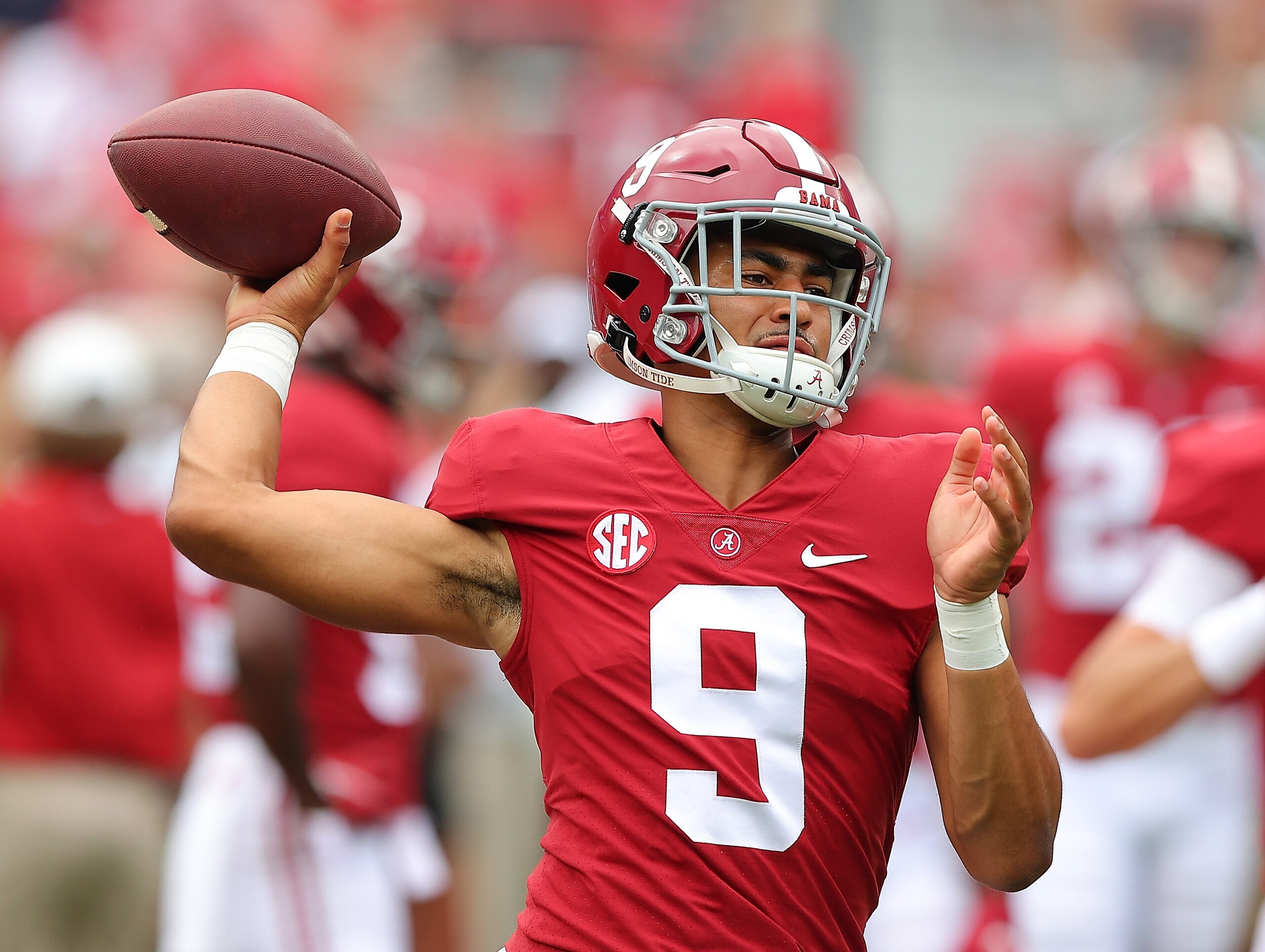 TUSCALOOSA, ALABAMA - OCTOBER 02:  Bryce Young #9 of the Alabama Crimson Tide warms up prior to facing the Mississippi Rebels at Bryant-Denny Stadium on October 02, 2021 in Tuscaloosa, Alabama. (Photo by Kevin C. Cox/Getty Images)