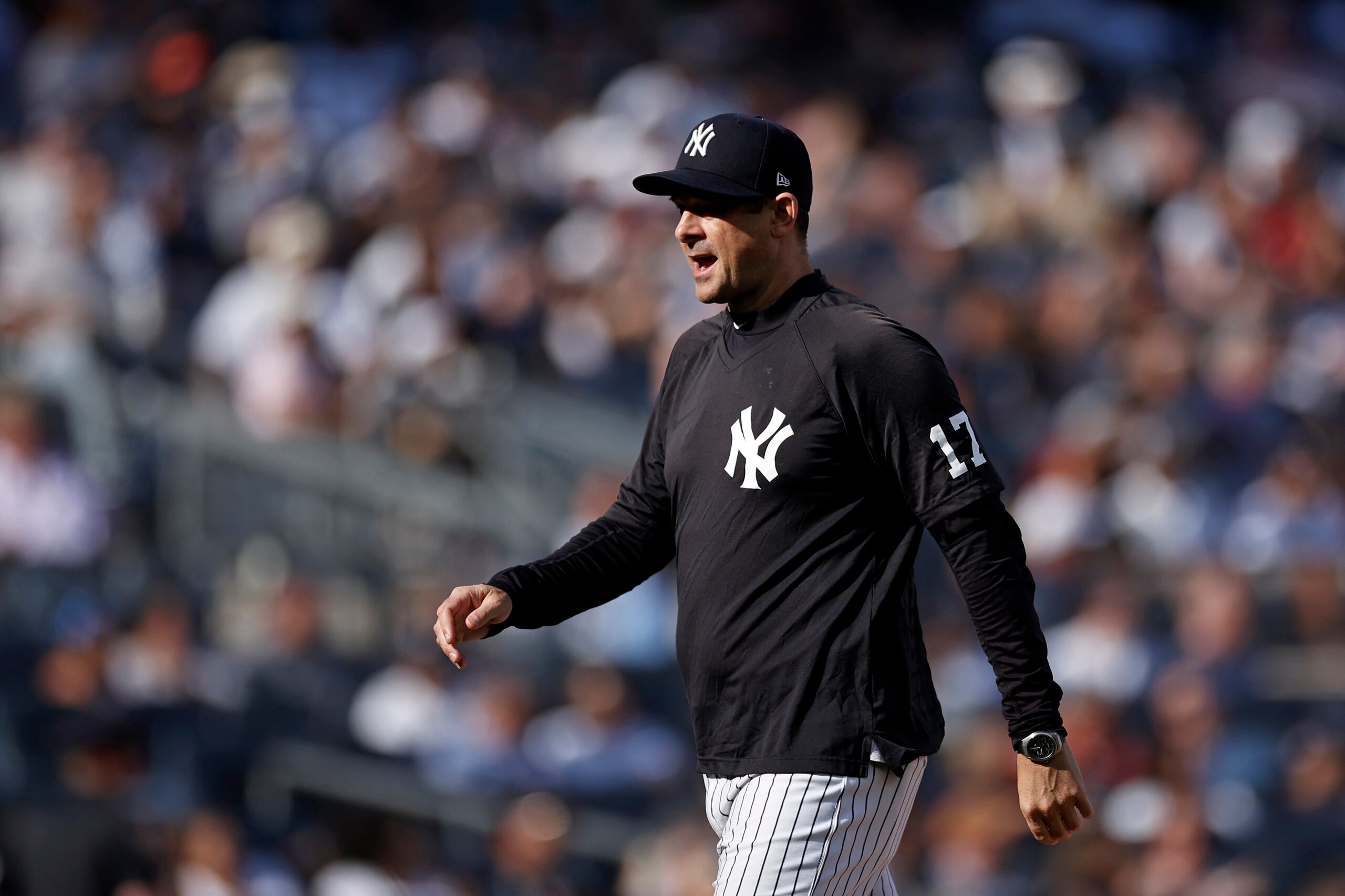 New York Yankees manager Aaron Boone reacts walking back to the dugout after a pitching change during the sixth inning of a baseball game against the Tampa Bay Rays on Saturday, Oct. 2, 2021, in New York. (AP Photo/Adam Hunger) New York Yankees manager Aaron Boone reacts walking back to the dugout after a pitching change during the sixth inning of a baseball game against the Tampa Bay Rays on Saturday, Oct. 2, 2021, in New York. (AP Photo/Adam Hunger)