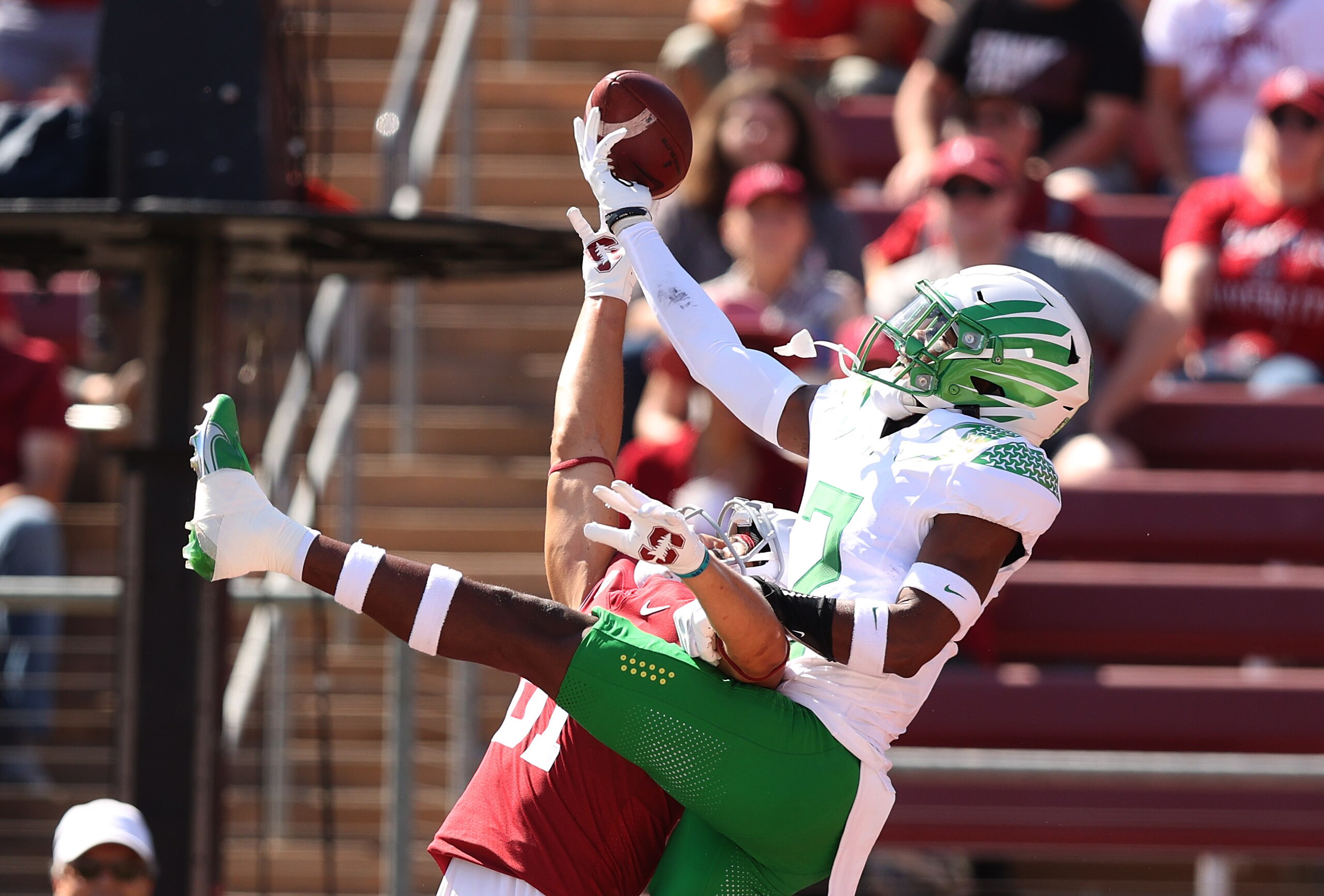 STANFORD, CALIFORNIA - OCTOBER 02:  Mykael Wright #2 of the Oregon Ducks breaks up a pass intended for Brycen Tremayne #81 of the Stanford Cardinal at Stanford Stadium on October 02, 2021 in Stanford, California. (Photo by Ezra Shaw/Getty Images)