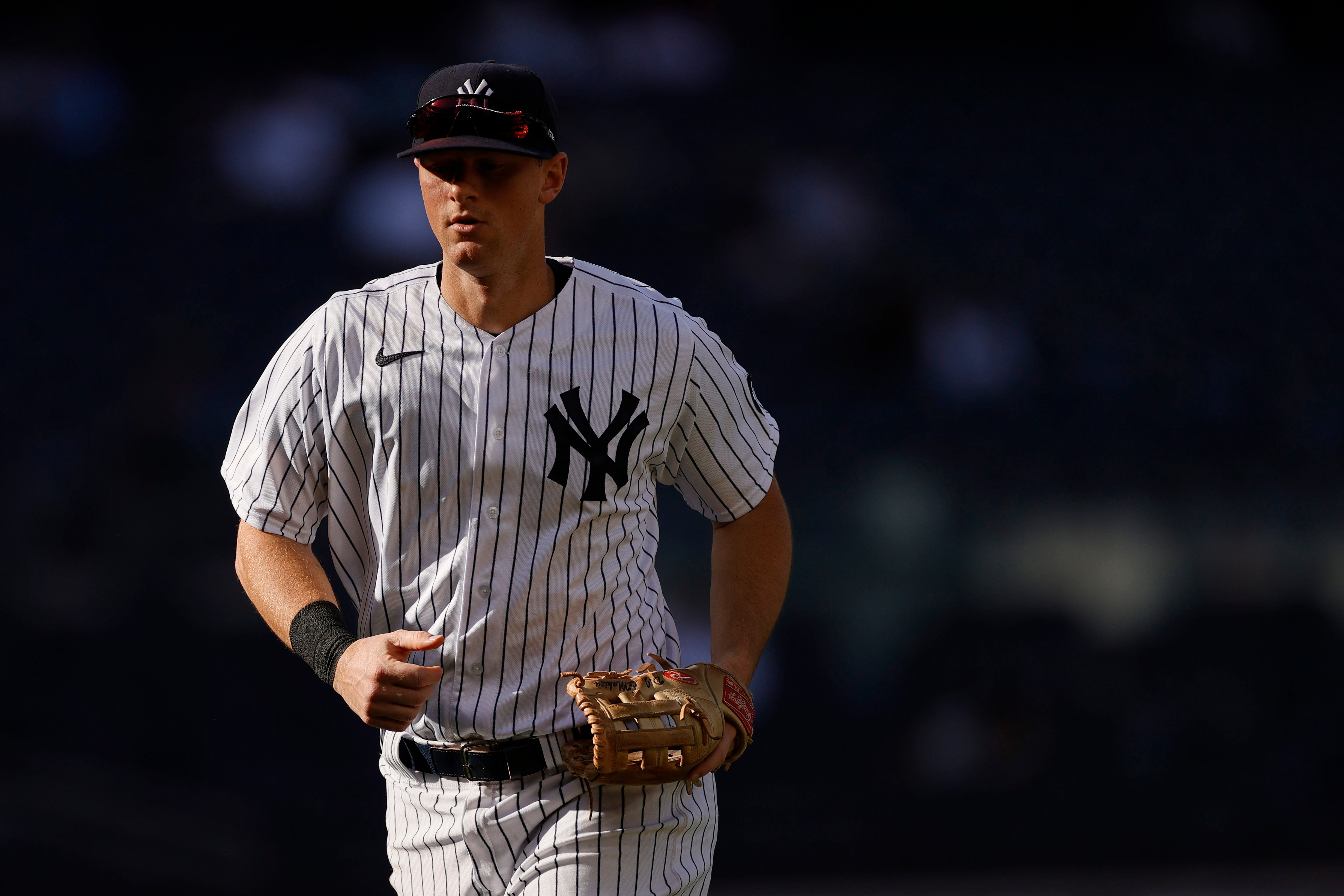 NEW YORK, NEW YORK - MAY 27: DJ LeMaheiu #26 of the New York Yankees runs to the dugout during the fifth inning of Game One of a doubleheader against the Toronto Blue Jays at Yankee Stadium on May 27, 2021 in the Bronx borough of New York City. (Photo by Sarah Stier/Getty Images)