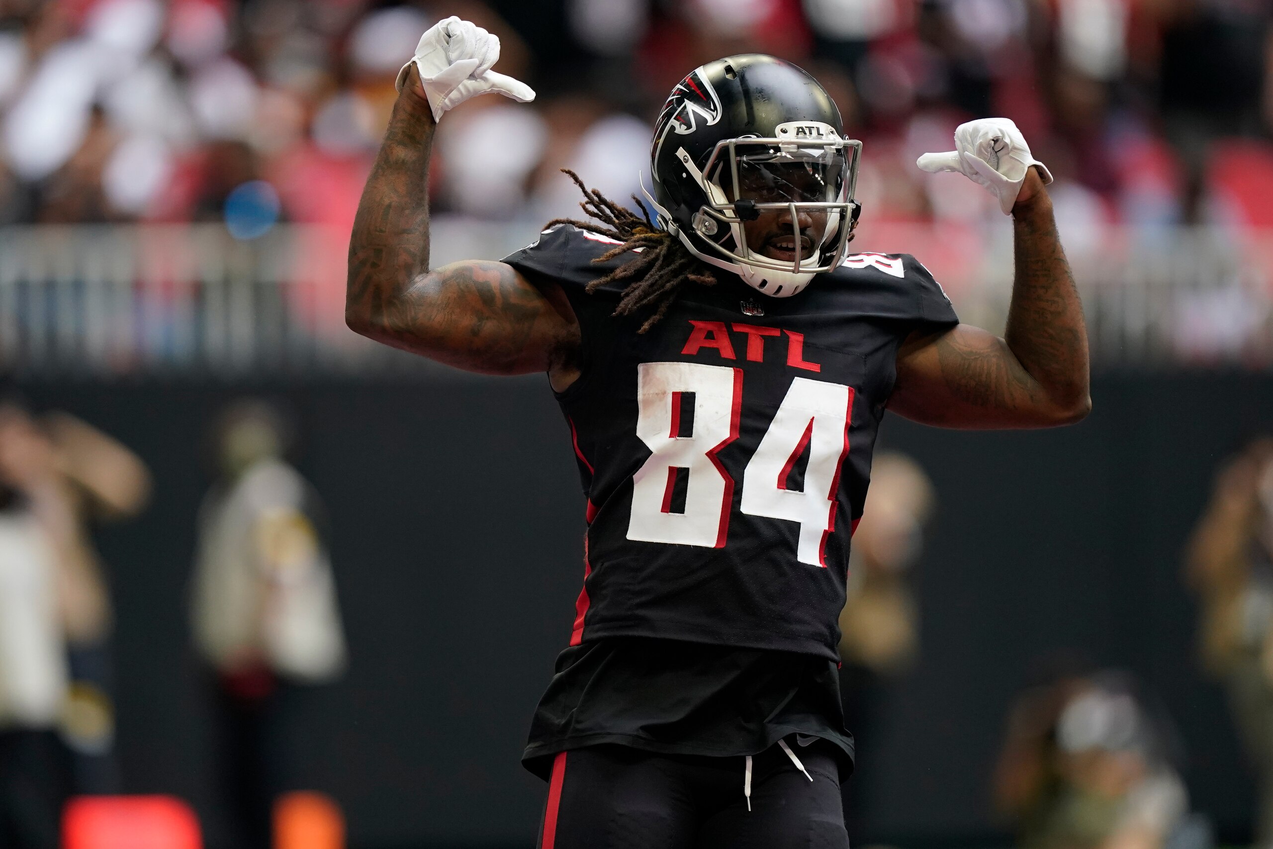 Atlanta Falcons running back Cordarrelle Patterson (84) celebrates his touchdown against the Washington Football Team during the first half of an NFL football game, Sunday, Oct. 3, 2021, in Atlanta. (AP Photo/Brynn Anderson) Atlanta Falcons running back Cordarrelle Patterson (84) celebrates his touchdown against the Washington Football Team during the first half of an NFL football game, Sunday, Oct. 3, 2021, in Atlanta. (AP Photo/Brynn Anderson)