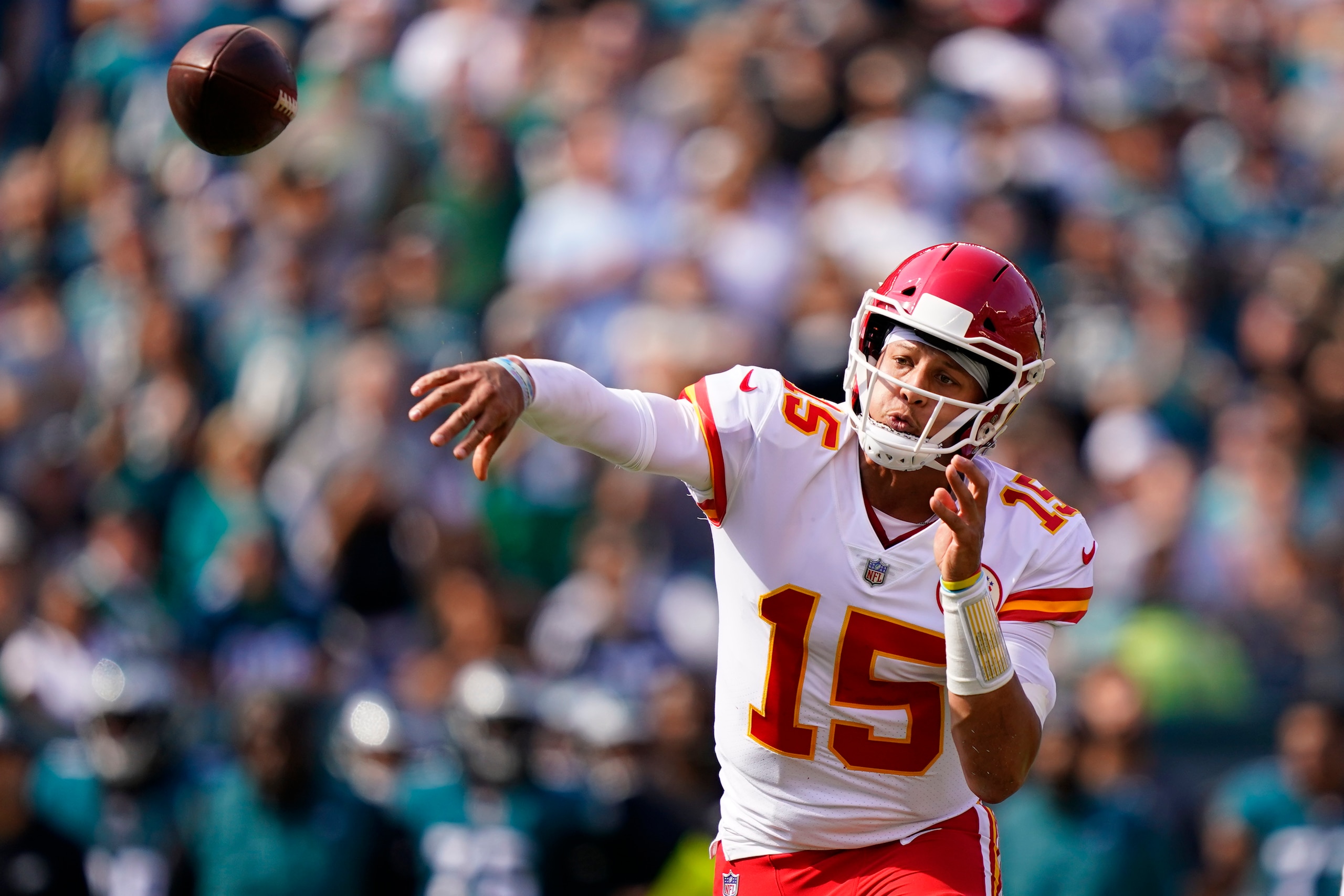 Kansas City Chiefs quarterback Patrick Mahomes (15) passes during the first half of an NFL football game against the Philadelphia Eagles on Sunday, Oct. 3, 2021, in Philadelphia. (AP Photo/Matt Rourke) Kansas City Chiefs quarterback Patrick Mahomes (15) passes during the first half of an NFL football game against the Philadelphia Eagles on Sunday, Oct. 3, 2021, in Philadelphia. (AP Photo/Matt Rourke)