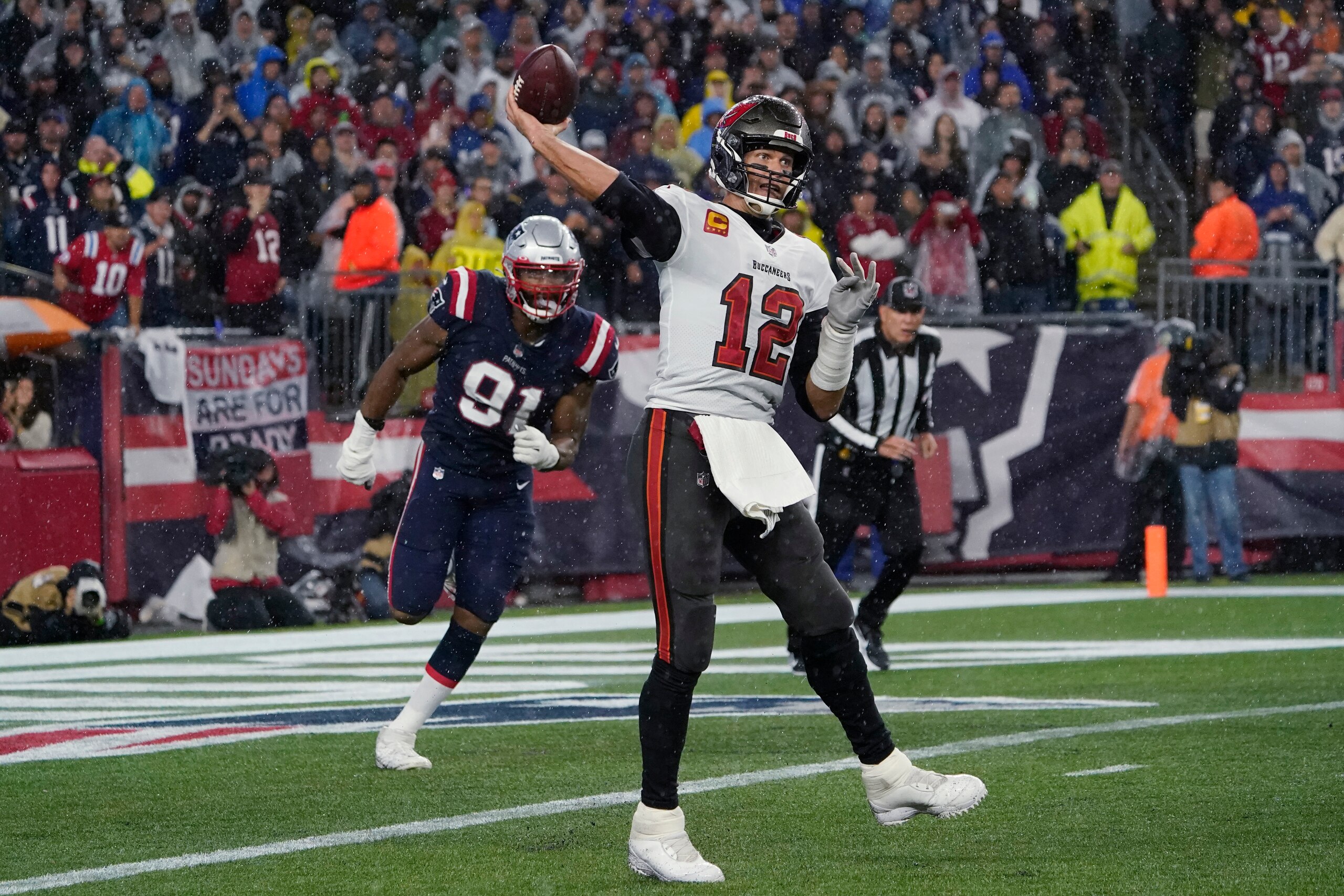 Tampa Bay Buccaneers quarterback Tom Brady (12) during the second half of an NFL football game, Sunday, Oct. 3, 2021, in Foxborough, Mass. (AP Photo/Elise Amendola)