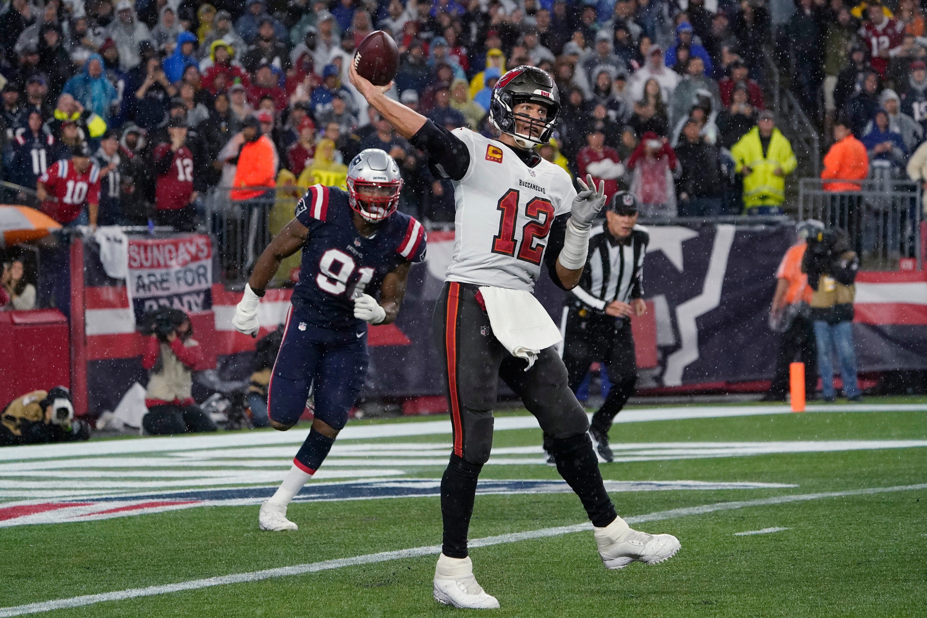 Tampa Bay Buccaneers quarterback Tom Brady (12) during the second half of an NFL football game, Sunday, Oct. 3, 2021, in Foxborough, Mass. (AP Photo/Elise Amendola)