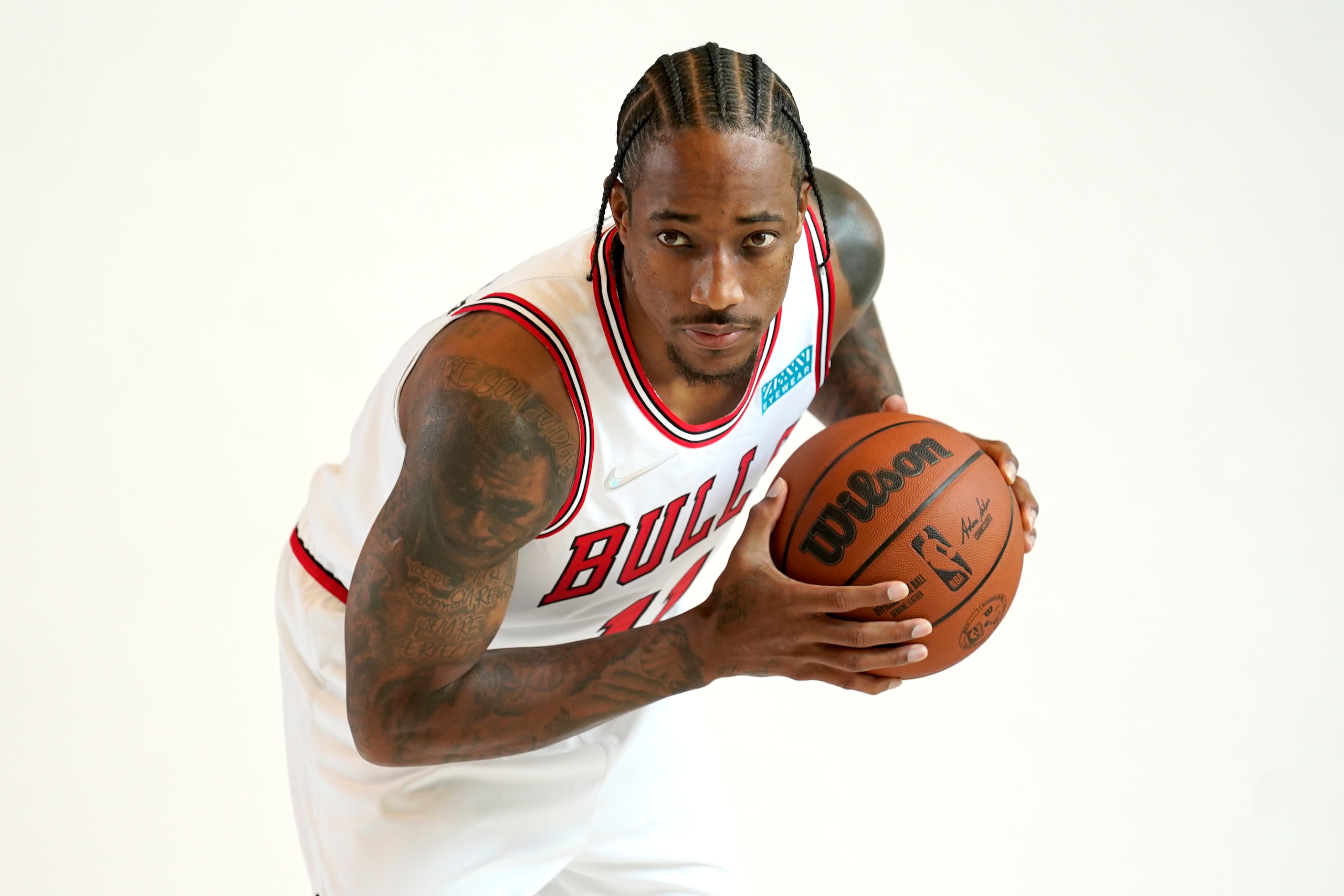 Chicago Bulls' DeMar DeRozan poses during the Bulls' NBA basketball media day Monday, Sept. 27, 2021, in Chicago. (AP Photo/Charles Rex Arbogast) Chicago Bulls' DeMar DeRozan poses during the Bulls' NBA basketball media day Monday, Sept. 27, 2021, in Chicago. (AP Photo/Charles Rex Arbogast)