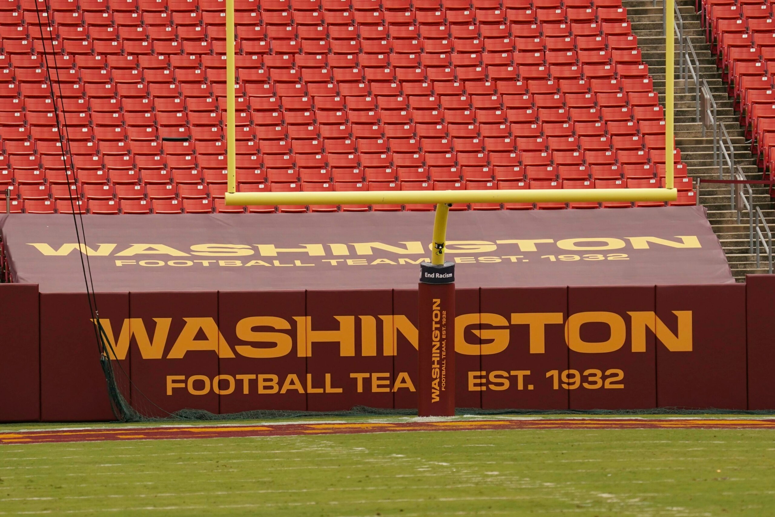 LANDOVER, MD - SEPTEMBER 13: Field view of the Washington Football Team logo during the game between the Washington Football Team and the Philadelphia Eagles on September 13, 2020 at FedEx Field in Landover, MD. (Photo by Andy Lewis/Icon Sportswire via Getty Images)