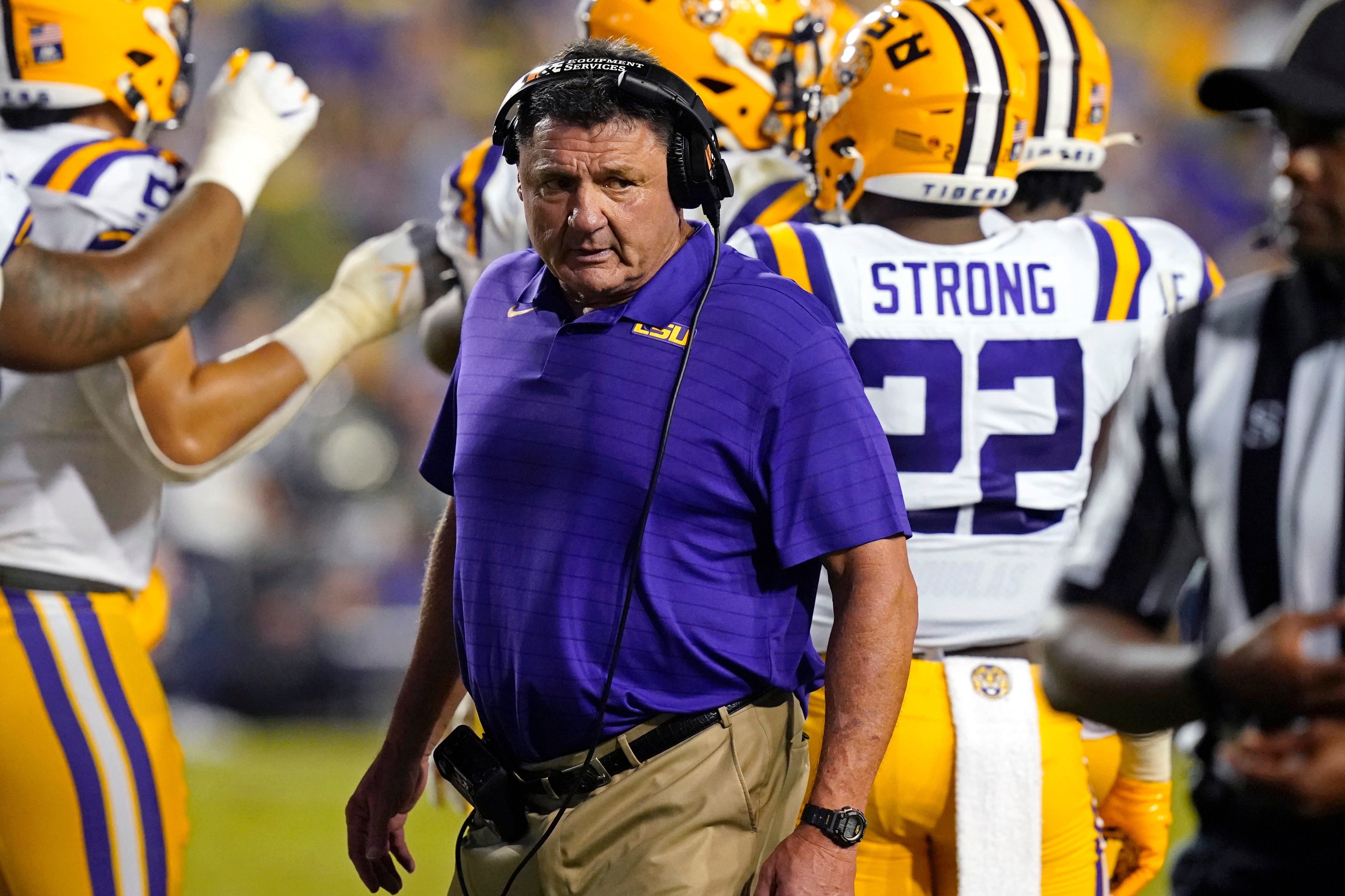 LSU head coach Ed Orgeron walks on the sideline during a timeout in the second half of an NCAA college football game against Auburn in Baton Rouge, La., Saturday, Oct. 2, 2021. Auburn won 24-19. (AP Photo/Gerald Herbert)