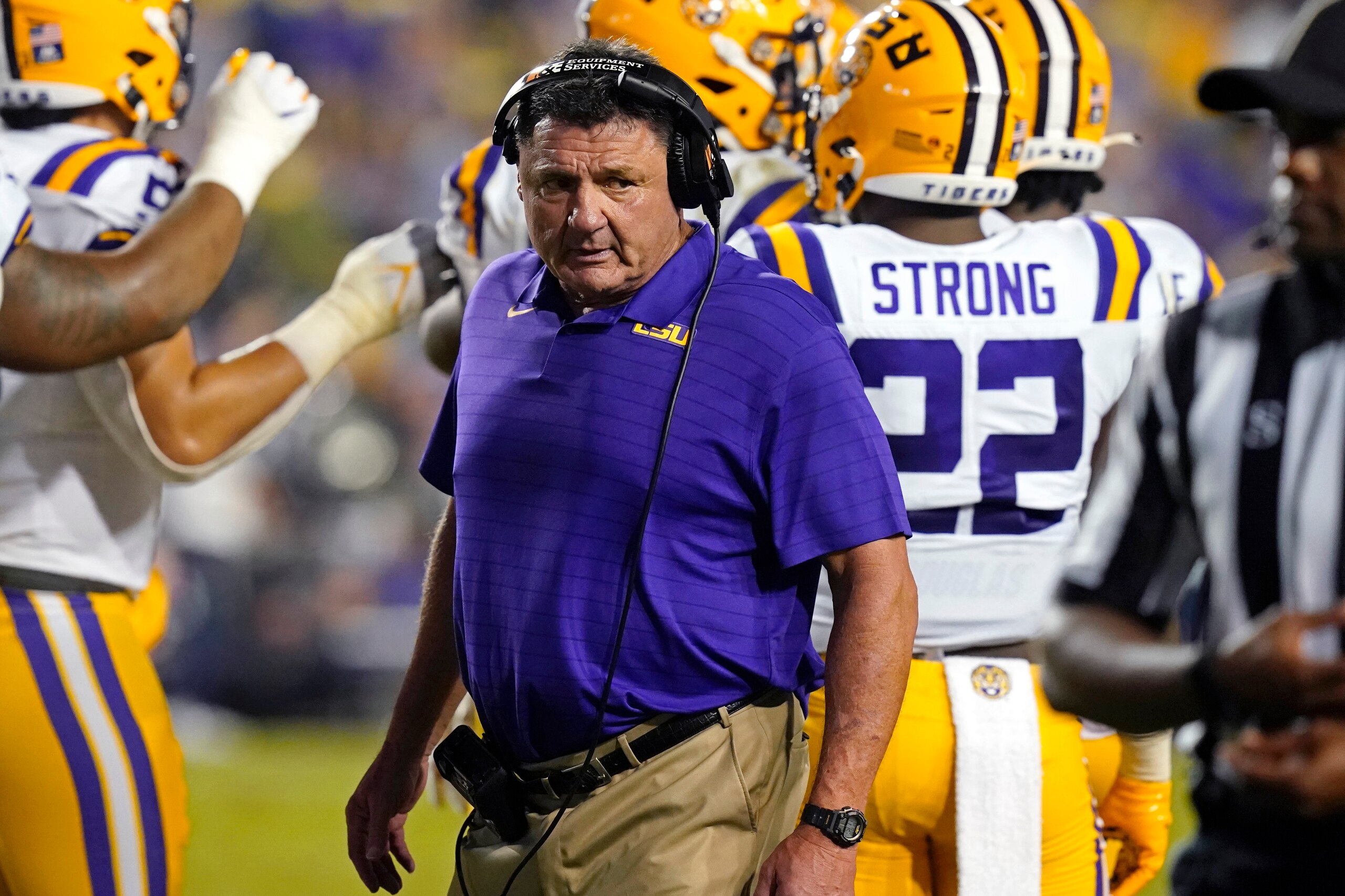 LSU head coach Ed Orgeron walks on the sideline during a timeout in the second half of an NCAA college football game against Auburn in Baton Rouge, La., Saturday, Oct. 2, 2021. Auburn won 24-19. (AP Photo/Gerald Herbert) LSU head coach Ed Orgeron walks on the sideline during a timeout in the second half of an NCAA college football game against Auburn in Baton Rouge, La., Saturday, Oct. 2, 2021. Auburn won 24-19. (AP Photo/Gerald Herbert)