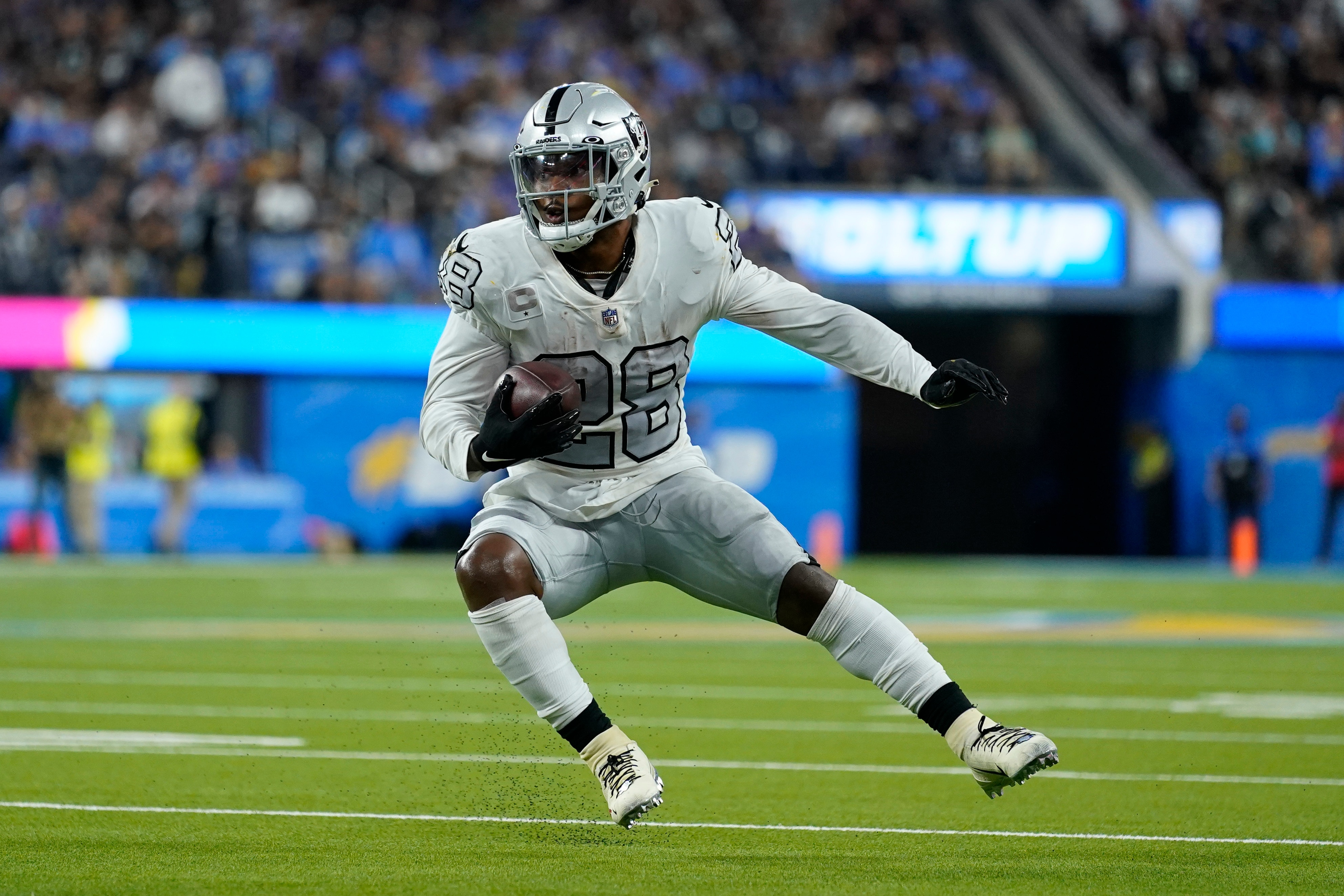 Las Vegas Raiders running back Josh Jacobs in isolated action during the second half of an NFL football game against the Los Angeles Chargers, Monday, Oct. 4, 2021, in Inglewood, Calif. (AP Photo/Ashley Landis)