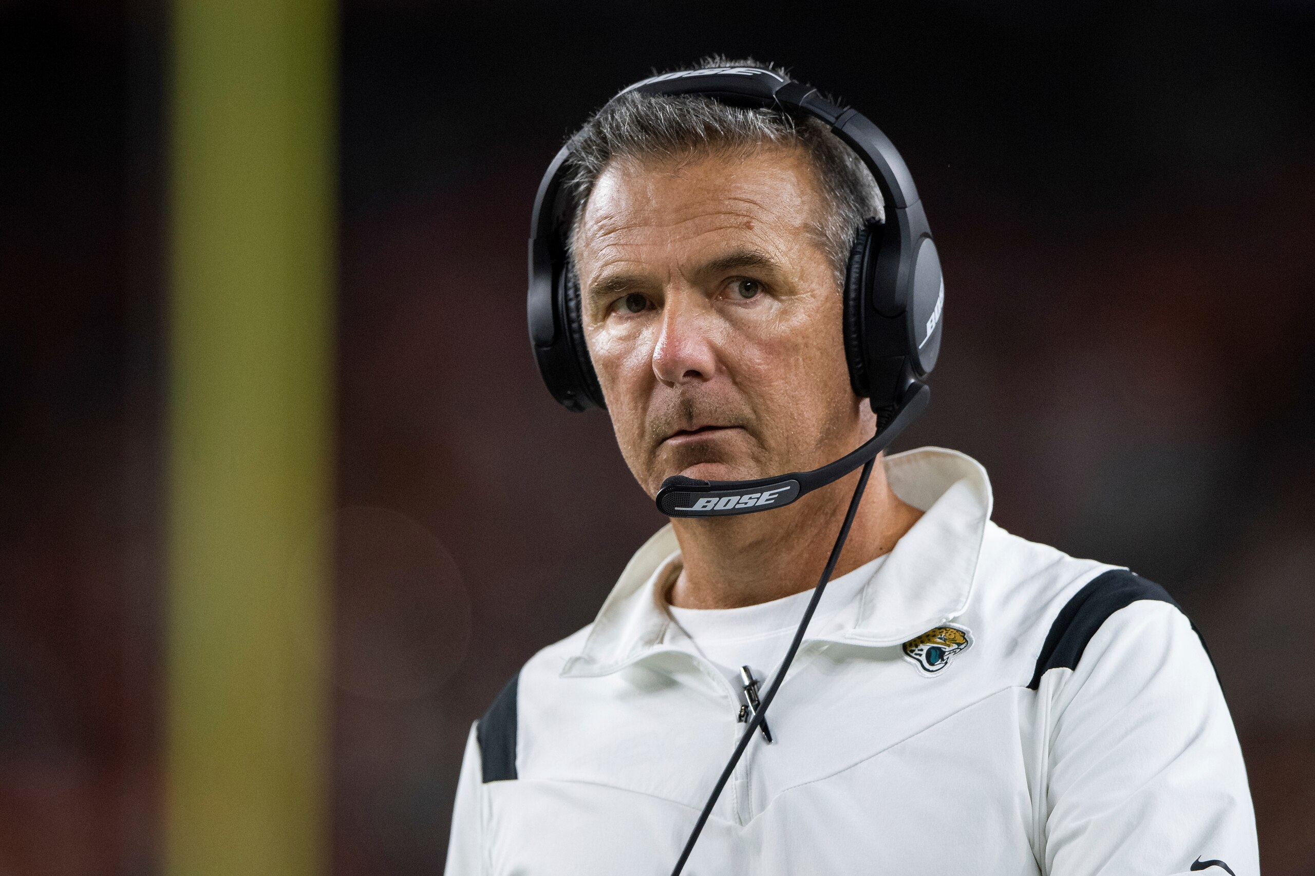 Jacksonville Jaguars head coach Urban Meyer on the sidelines during an NFL football game against the Cincinnati Bengals, Thursday, Sept. 30, 2021, in Cincinnati. (AP Photo/Zach Bolinger)