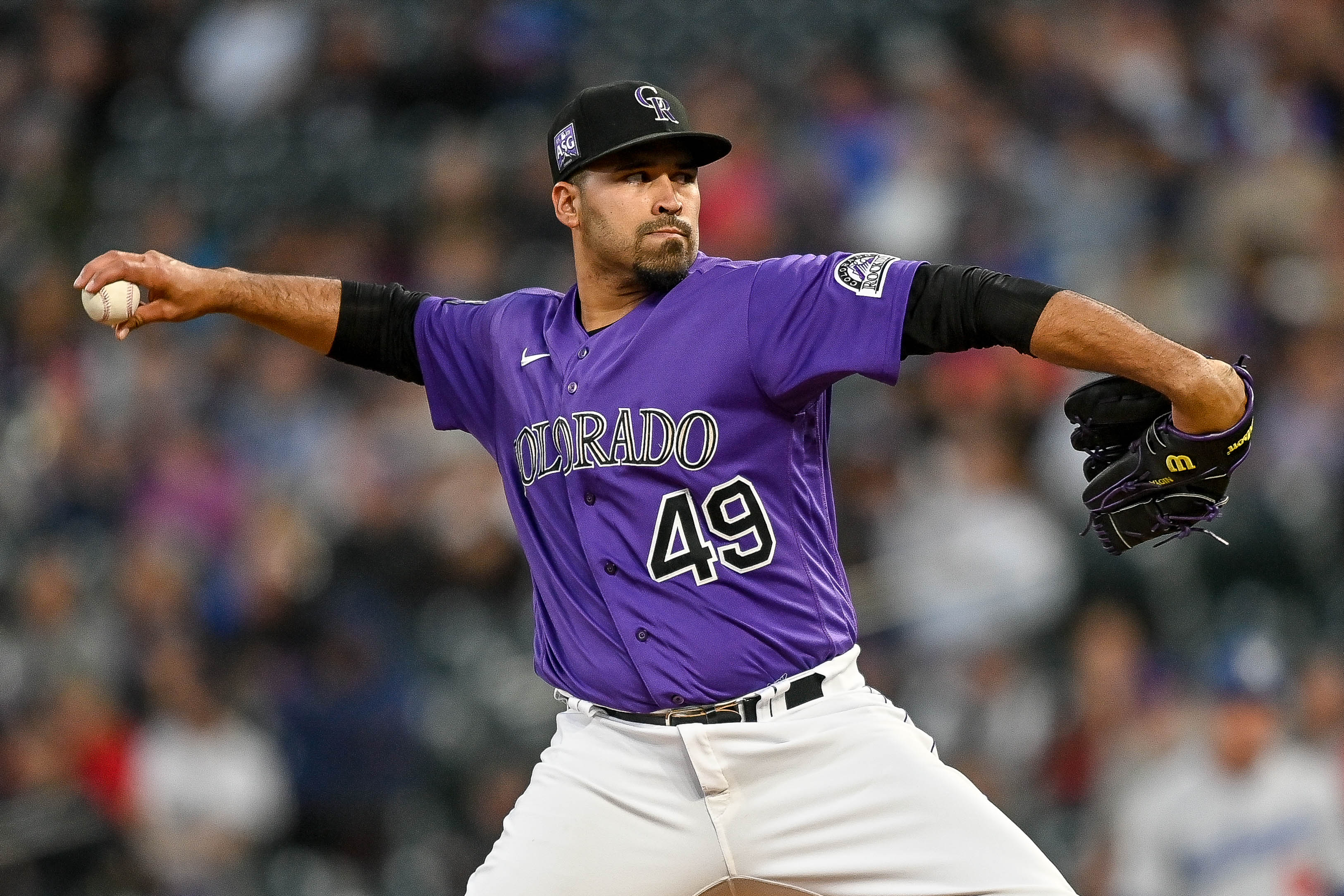 DENVER, CO - SEPTEMBER 21:  Colorado Rockies starting pitcher Antonio Senzatela (49) pitches against the Los Angeles Dodgers during a game between the Colorado Rockies and the Los Angeles Dodgers at Coors Field in Denver, Colorado on September 21, 2021. (Photo by Dustin Bradford/Icon Sportswire via Getty Images)