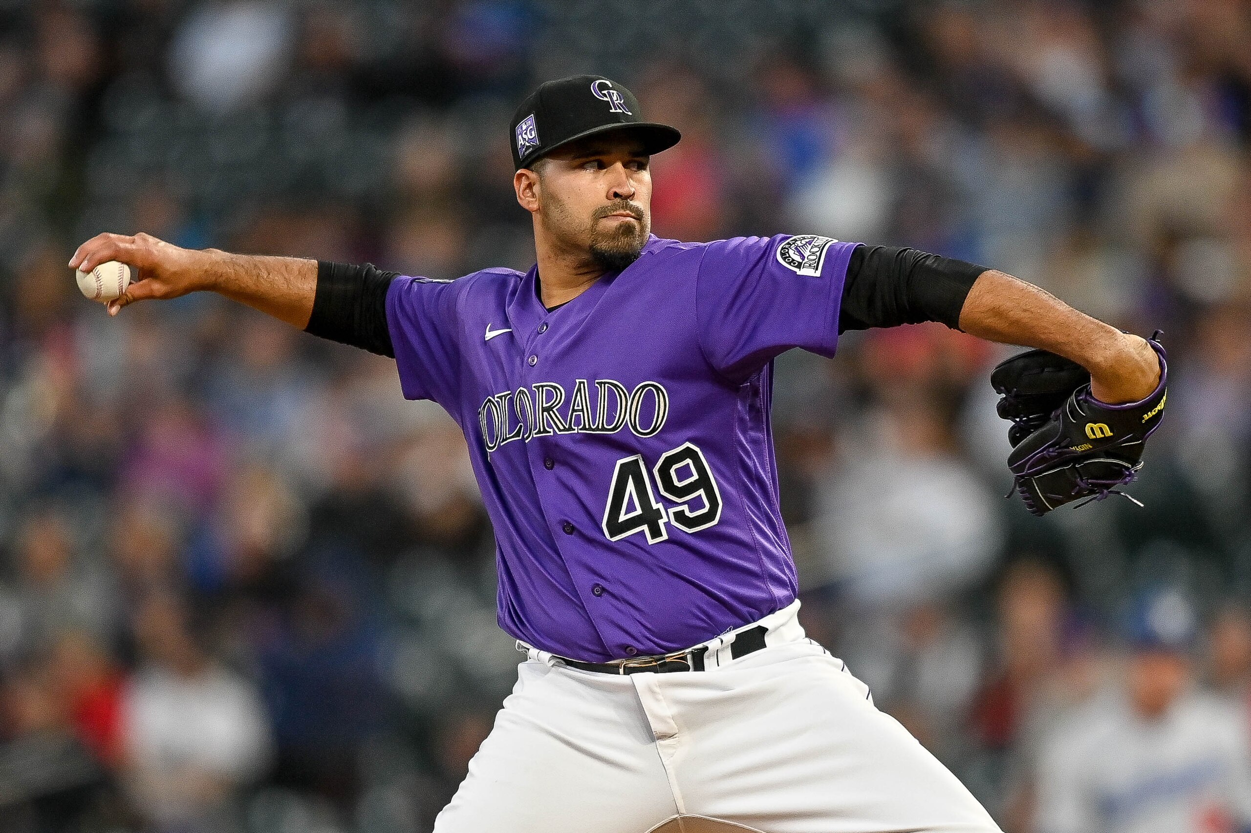 DENVER, CO - SEPTEMBER 21:  Colorado Rockies starting pitcher Antonio Senzatela (49) pitches against the Los Angeles Dodgers during a game between the Colorado Rockies and the Los Angeles Dodgers at Coors Field in Denver, Colorado on September 21, 2021. (Photo by Dustin Bradford/Icon Sportswire via Getty Images)