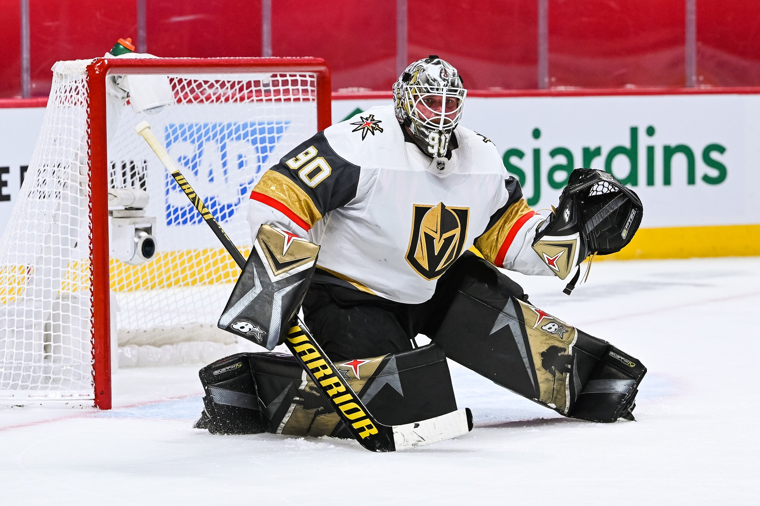 MONTREAL, QC - JUNE 24: Las Vegas Golden Knights goalie Robin Lehner (90) tracks the play during the NHL Stanley Cup Playoffs Semifinals game 6 between the Las Vegas Golden Knights versus the Montreal Canadiens on June 24, 2021, at Bell Centre in Montreal, QC (Photo by David Kirouac/Icon Sportswire via Getty Images)