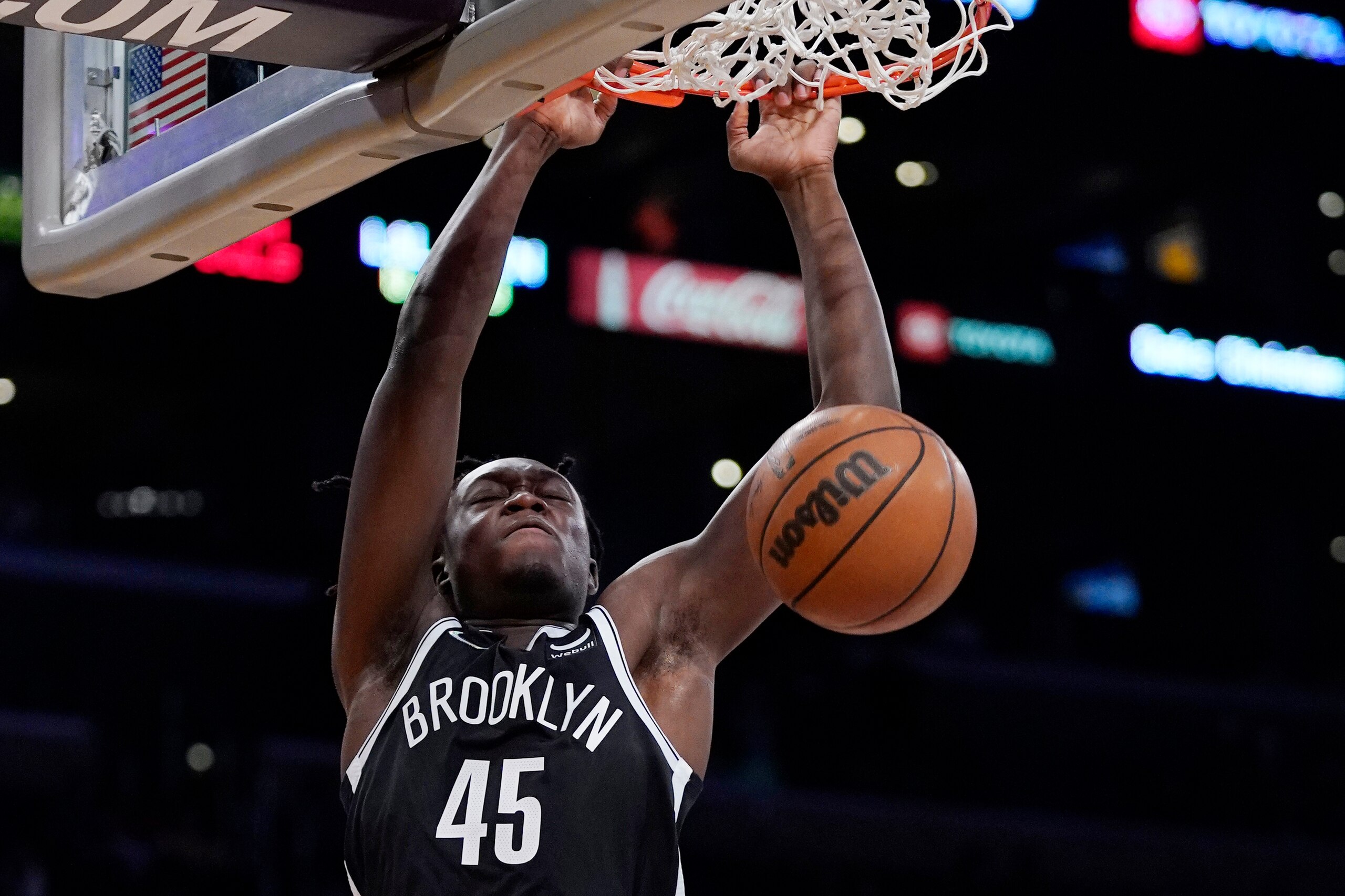 Brooklyn Nets forward Sekou Doumbouya dunks during the second half of a preseason NBA basketball game against the Los Angeles Lakers Sunday, Oct. 3, 2021, in Los Angeles. (AP Photo/Mark J. Terrill)
