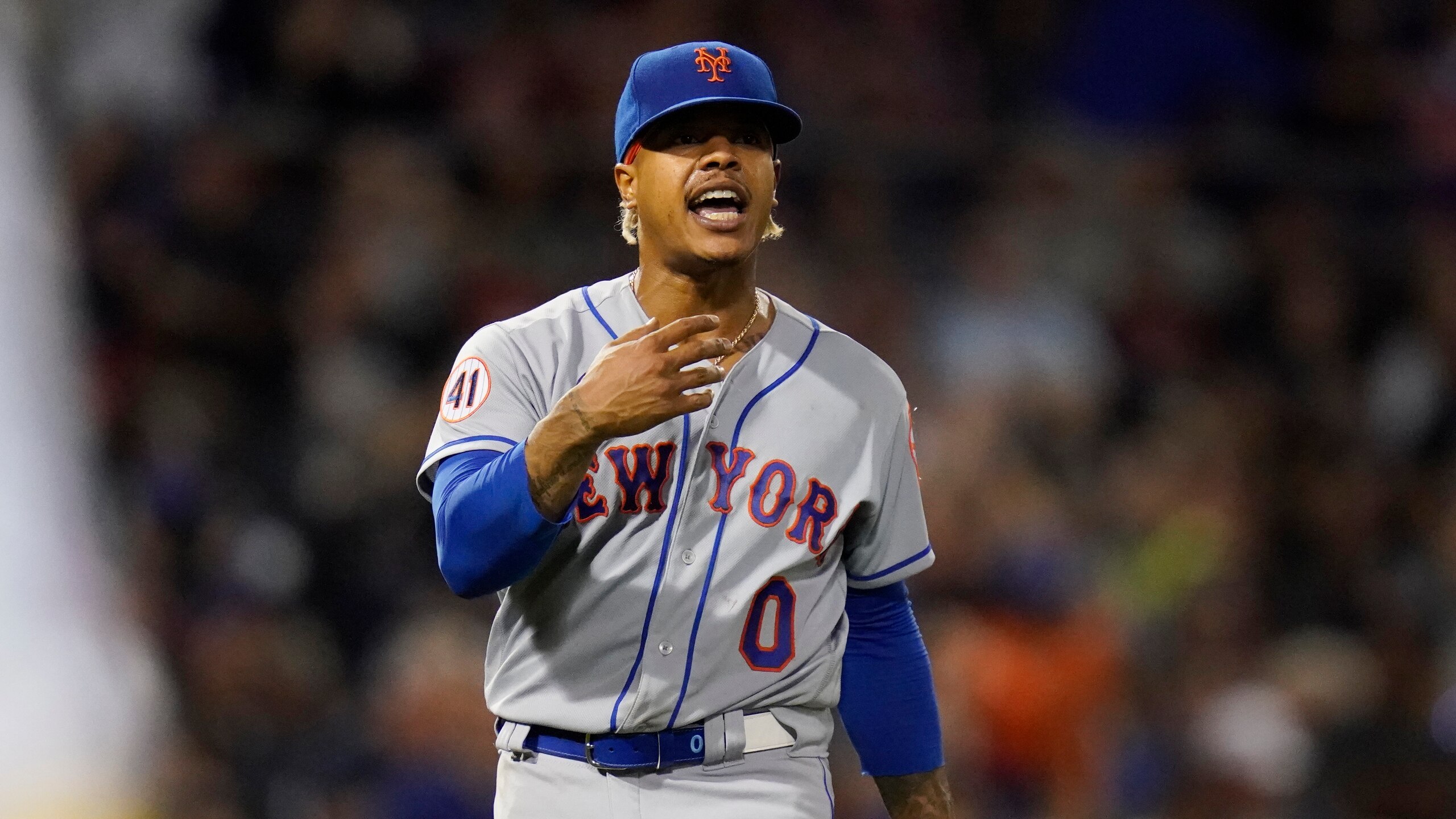 New York Mets' Marcus Stroman during a baseball game at Fenway Park, Wednesday, Sept. 22, 2021, in Boston. (AP Photo/Charles Krupa)