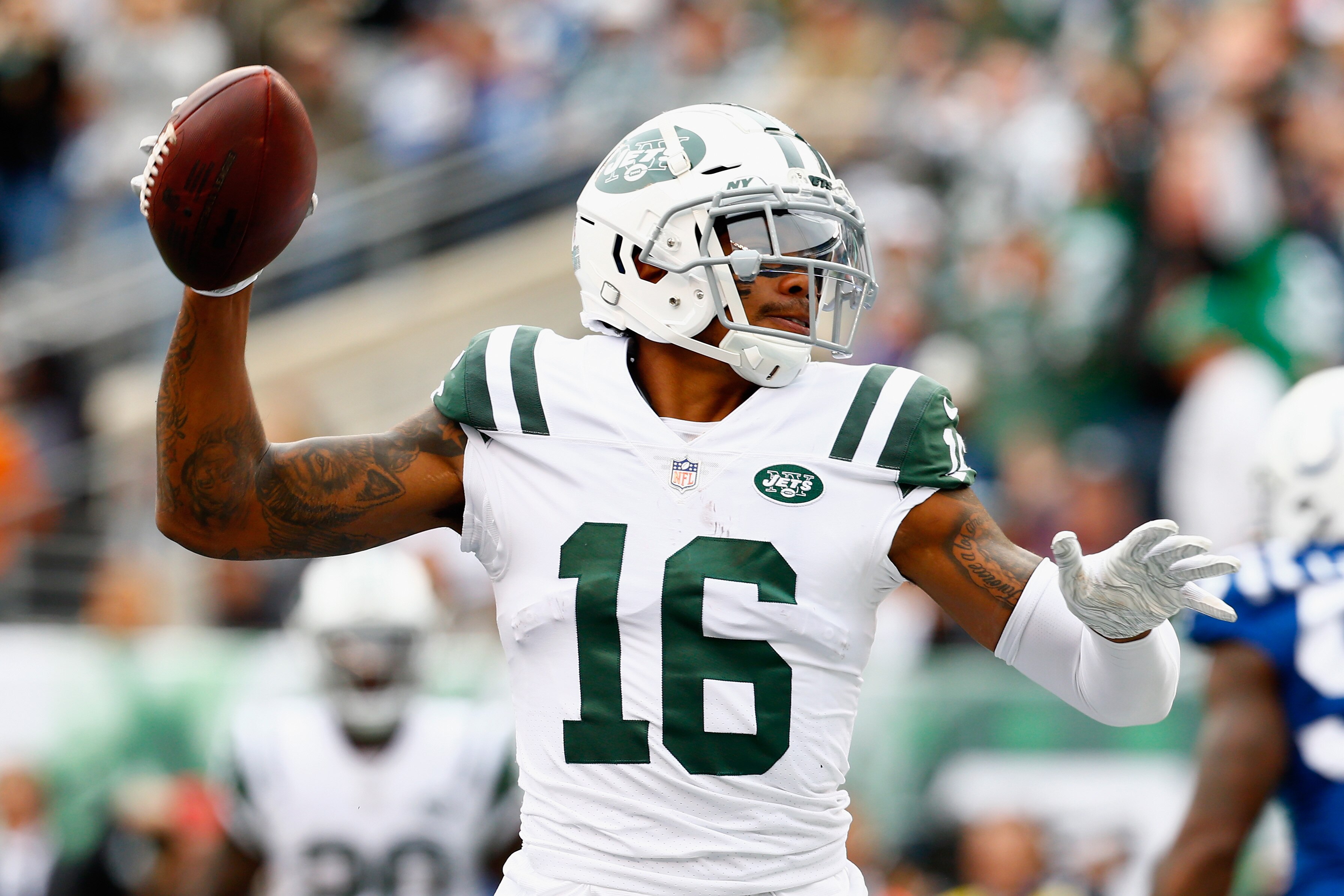 EAST RUTHERFORD, NJ - OCTOBER 14:  Wide receiver Terrelle Pryor #16 of the New York Jets celebrates his touchdown against the Indianapolis Colts during the second quarter at MetLife Stadium on October 14, 2018 in East Rutherford, New Jersey.  (Photo by Mike Stobe/Getty Images)