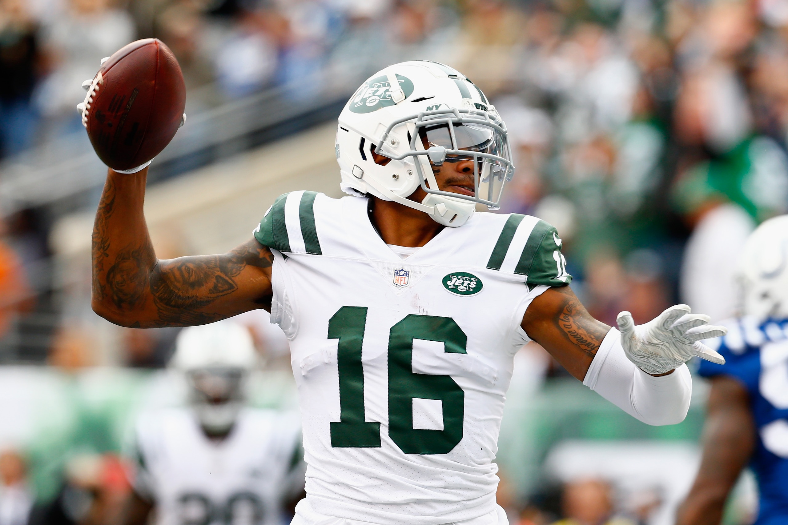 EAST RUTHERFORD, NJ - OCTOBER 14:  Wide receiver Terrelle Pryor #16 of the New York Jets celebrates his touchdown against the Indianapolis Colts during the second quarter at MetLife Stadium on October 14, 2018 in East Rutherford, New Jersey.  (Photo by Mike Stobe/Getty Images)