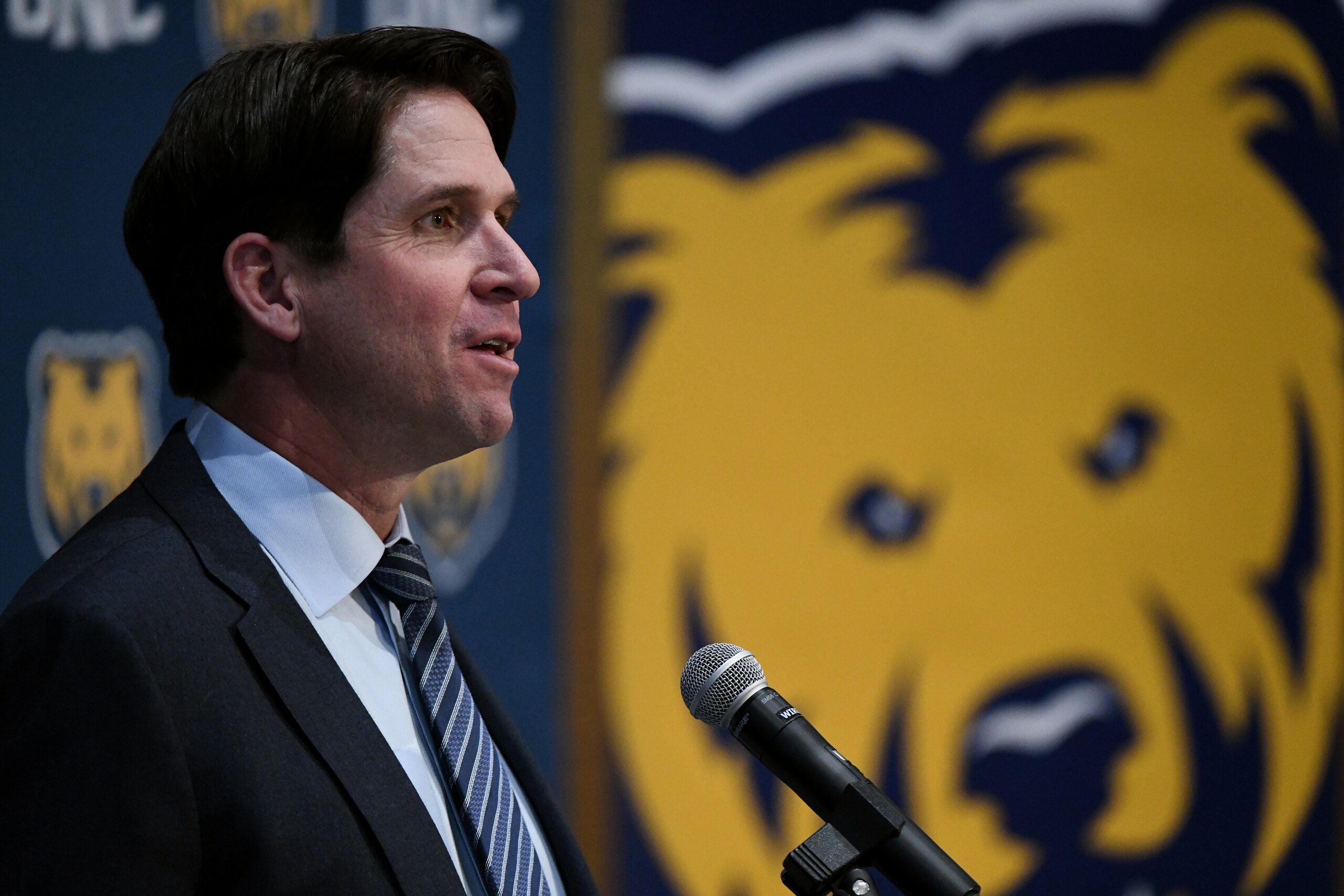 GREELEY, CO - DECEMBER 13: The University of Northern Colorado introduced former Broncos wide receiver Ed McCaffrey as next head football coach at University of Northern Colorado Campus Commons in Greeley, Colorado on Friday. December 13, 2019.  McCaffrey replaces Earnest Collins Jr., who was let go after posing a 28-72 record in nine seasons in Greeley. (Photo by Hyoung Chang/MediaNews Group/The Denver Post via Getty Images)