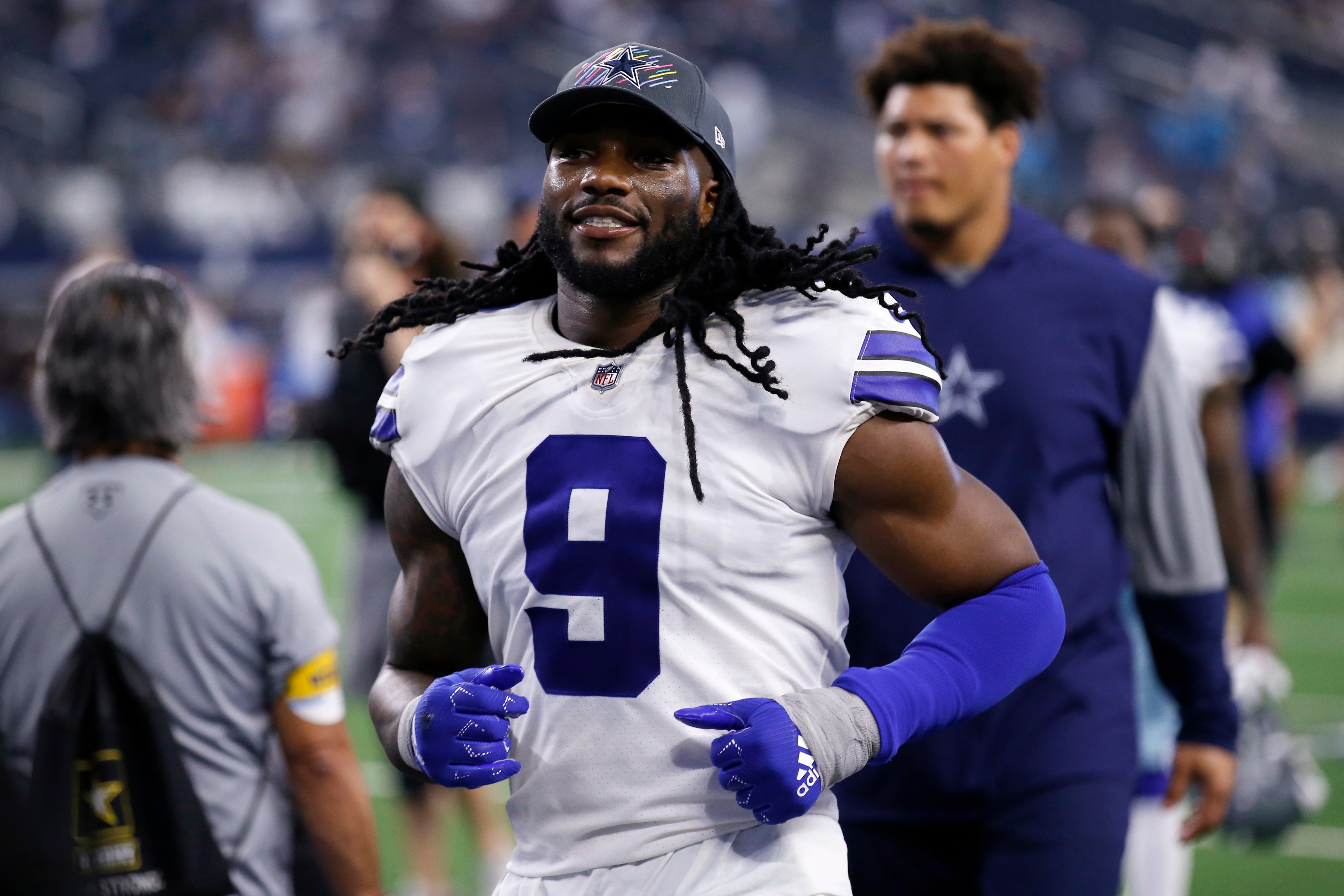 Dallas Cowboys linebacker Jaylon Smith leaves the field after an NFL football game against the Carolina Panthers in Arlington, Texas, Sunday, Oct. 3, 2021. (AP Photo/Roger Steinman)