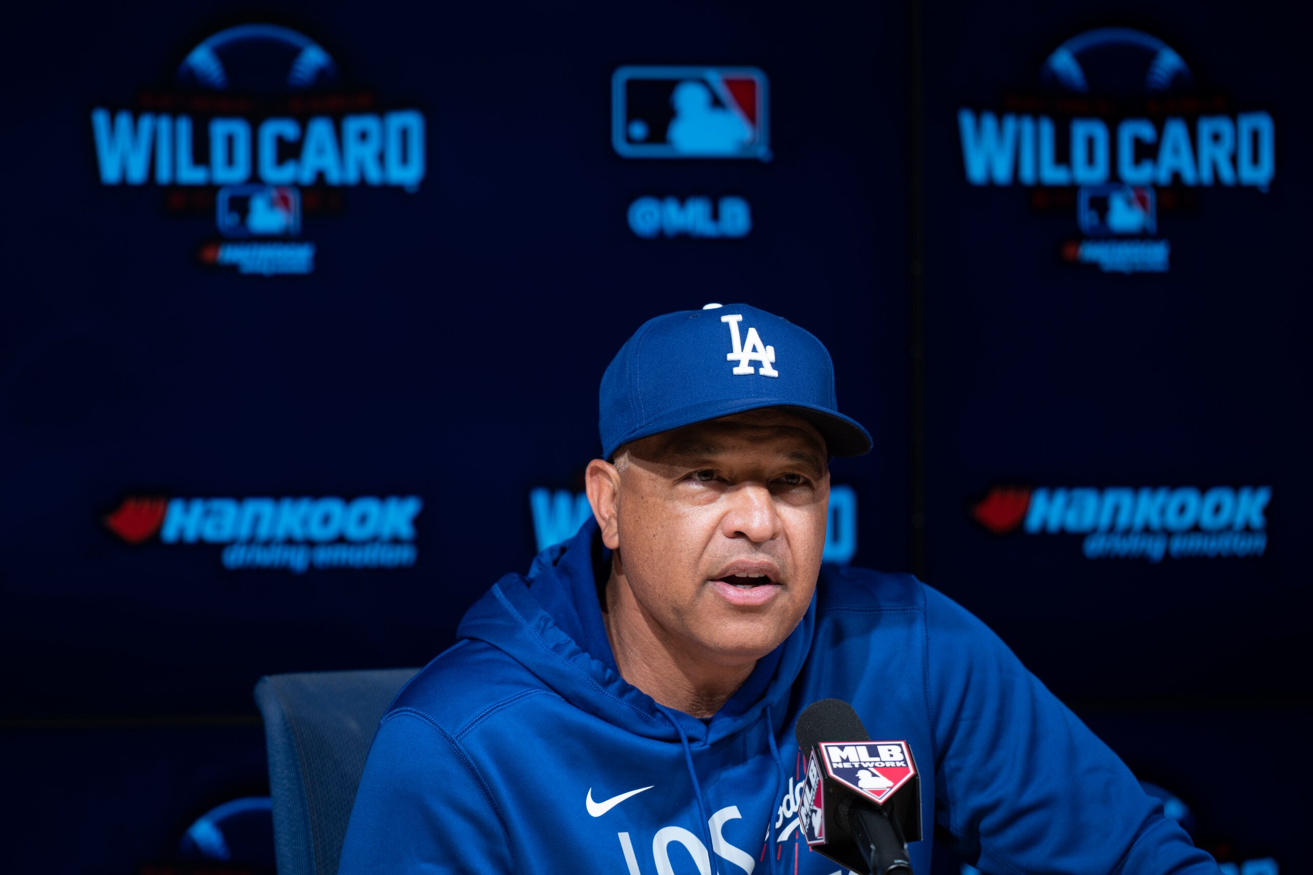 Los Angeles Dodgers manager Dave Roberts responds to a question during a baseball news conference in Los Angeles, Tuesday, Oct. 5, 2021. The Dodgers will play the St. Louis Cardinals in a wild card playoff game on Wednesday. (AP Photo/Kyusung Gong) Los Angeles Dodgers manager Dave Roberts responds to a question during a baseball news conference in Los Angeles, Tuesday, Oct. 5, 2021. The Dodgers will play the St. Louis Cardinals in a wild card playoff game on Wednesday. (AP Photo/Kyusung Gong)