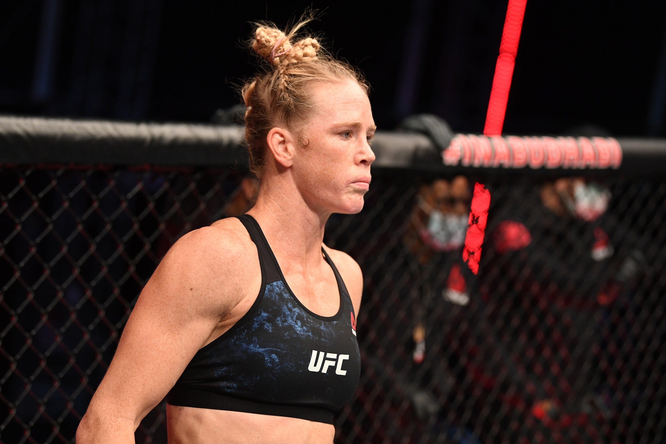 ABU DHABI, UNITED ARAB EMIRATES - OCTOBER 04: Holly Holm prepares to face Irene Aldana of Mexico in their women's bantamweight bout during the UFC Fight Night event inside Flash Forum on UFC Fight Island on October 04, 2020 in Abu Dhabi, United Arab Emirates. (Photo by Josh Hedges/Zuffa LLC) ABU DHABI, UNITED ARAB EMIRATES - OCTOBER 04: Holly Holm prepares to face Irene Aldana of Mexico in their women's bantamweight bout during the UFC Fight Night event inside Flash Forum on UFC Fight Island on October 04, 2020 in Abu Dhabi, United Arab Emirates. (Photo by Josh Hedges/Zuffa LLC)