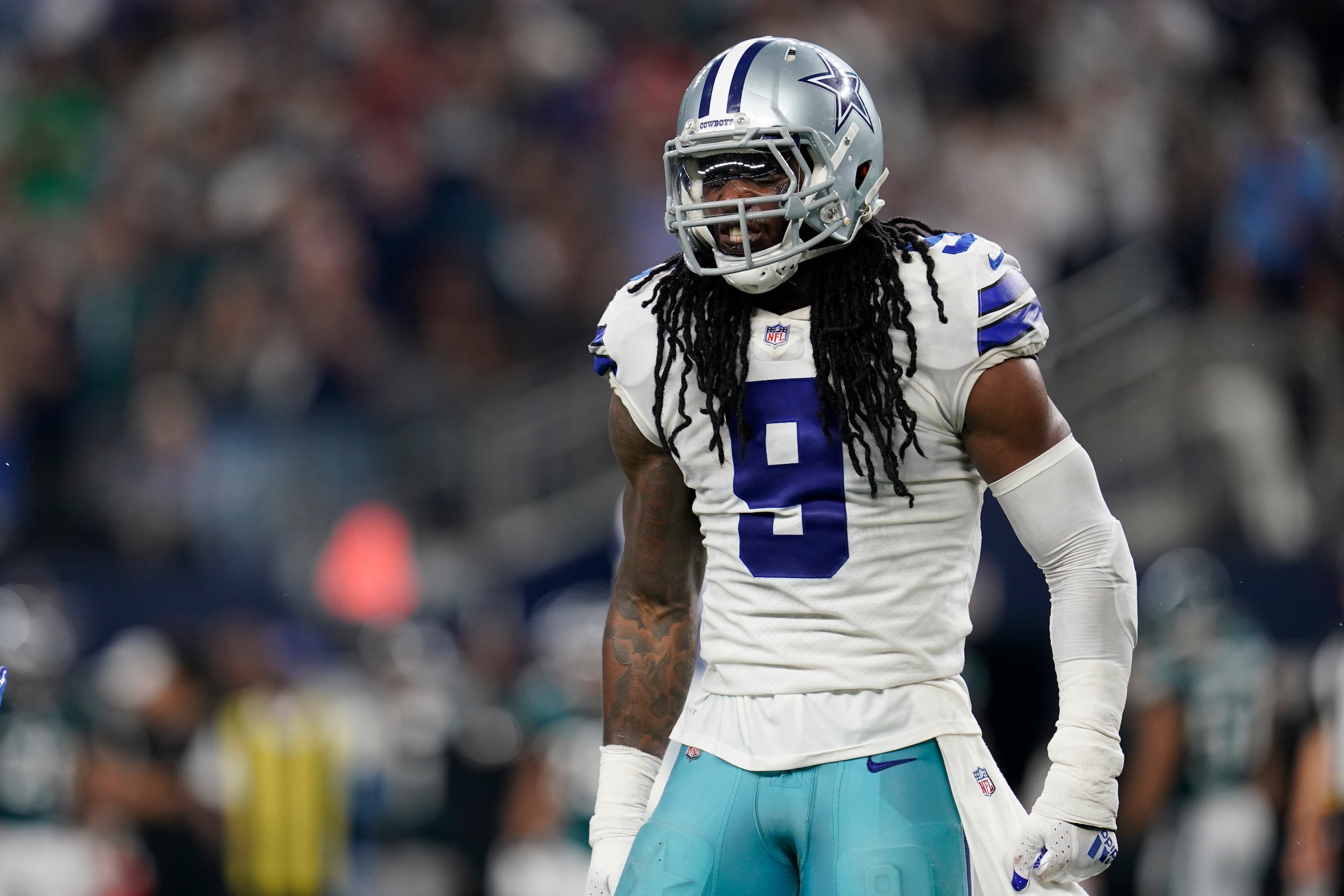 Dallas Cowboys linebacker Jaylon Smith (9) celebrates after the play during an NFL football game against the Philadelphia Eagles, Monday, Sept. 27, 2021, in Arlington, Texas. (AP Photo/Matt Patterson)