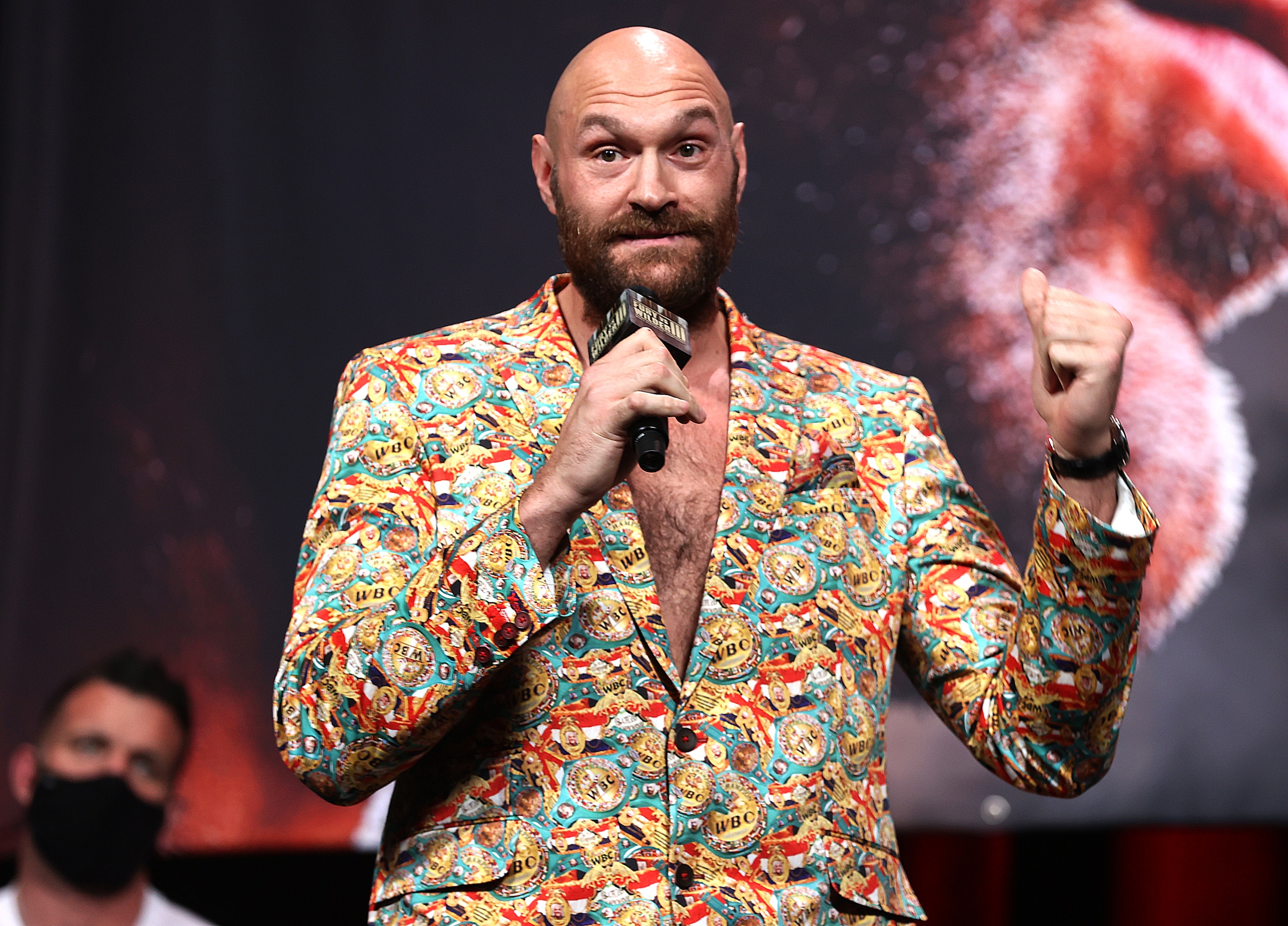 LAS VEGAS, NEVADA - OCTOBER 06: WBC heavyweight champion Tyson Fury speaks during the press conference at MGM Grand Garden Arena on October 06, 2021 in Las Vegas, Nevada. (Photo by Mikey Williams/Top Rank Inc via Getty Images)