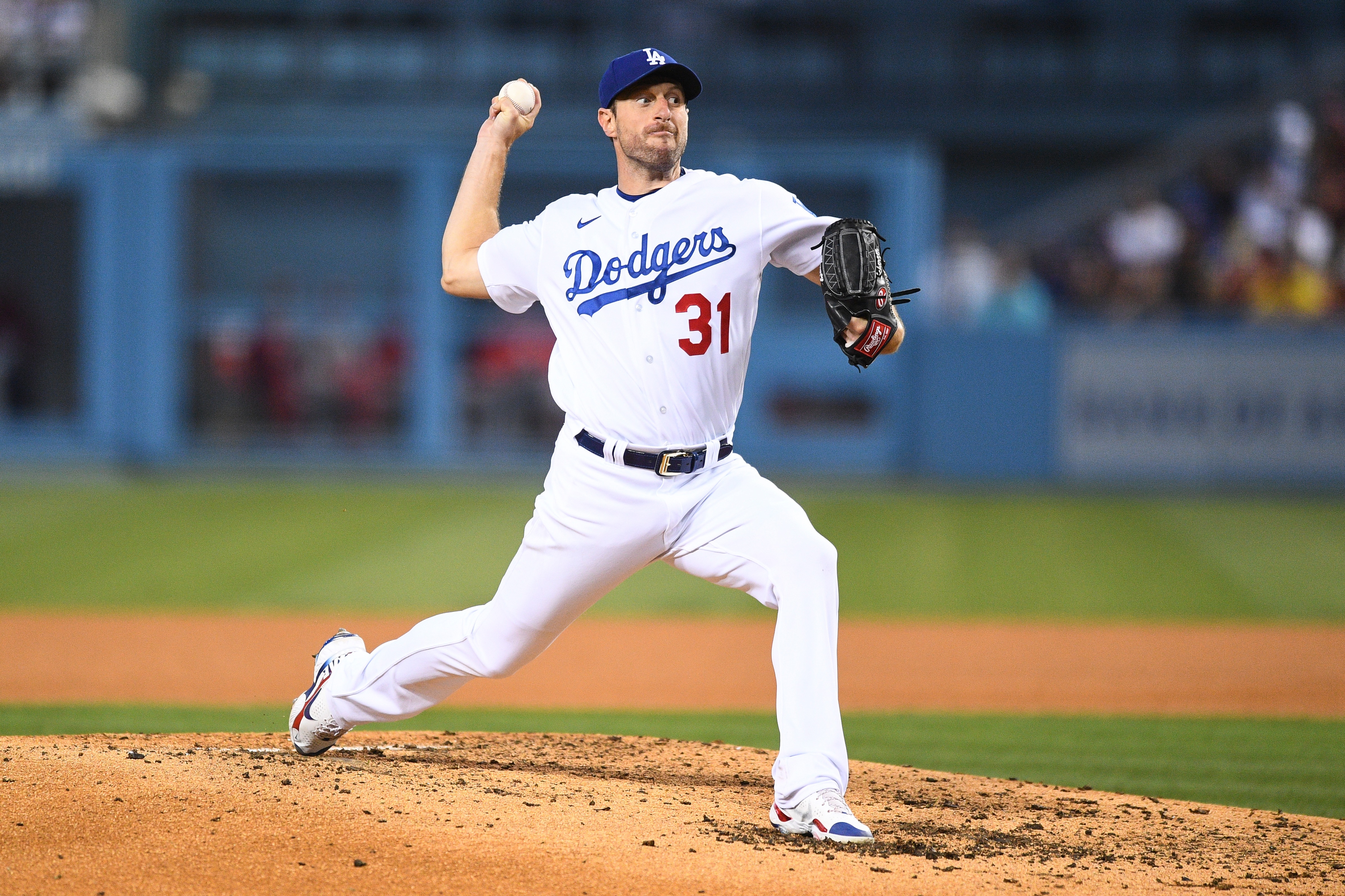 LOS ANGELES, CA - OCTOBER 06: Los Angeles Dodgers pitcher Max Scherzer (31) throws a pitch during the MLB National League Wild Card game between the St. Louis Cardinals and the Los Angeles Dodgers on October 6, 2021 at Dodger Stadium in Los Angeles, CA. (Photo by Brian Rothmuller/Icon Sportswire via Getty Images)