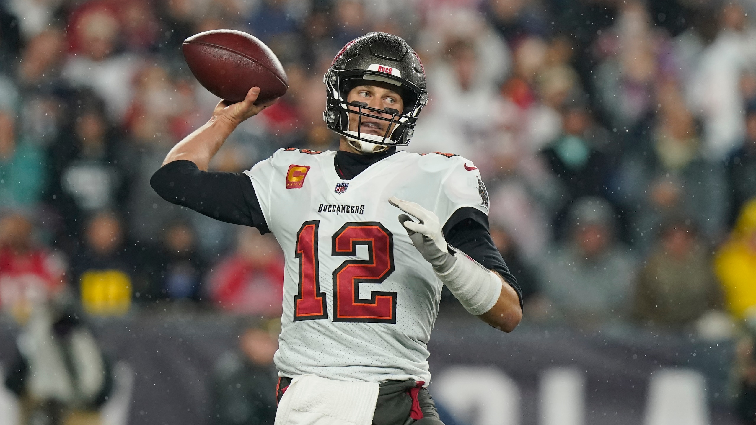 Tampa Bay Buccaneers quarterback Tom Brady (12) throws during the first half of an NFL football game, Sunday, Oct. 3, 2021, in Foxborough, Mass. (AP Photo/Steven Senne) Tampa Bay Buccaneers quarterback Tom Brady (12) throws during the first half of an NFL football game, Sunday, Oct. 3, 2021, in Foxborough, Mass. (AP Photo/Steven Senne)