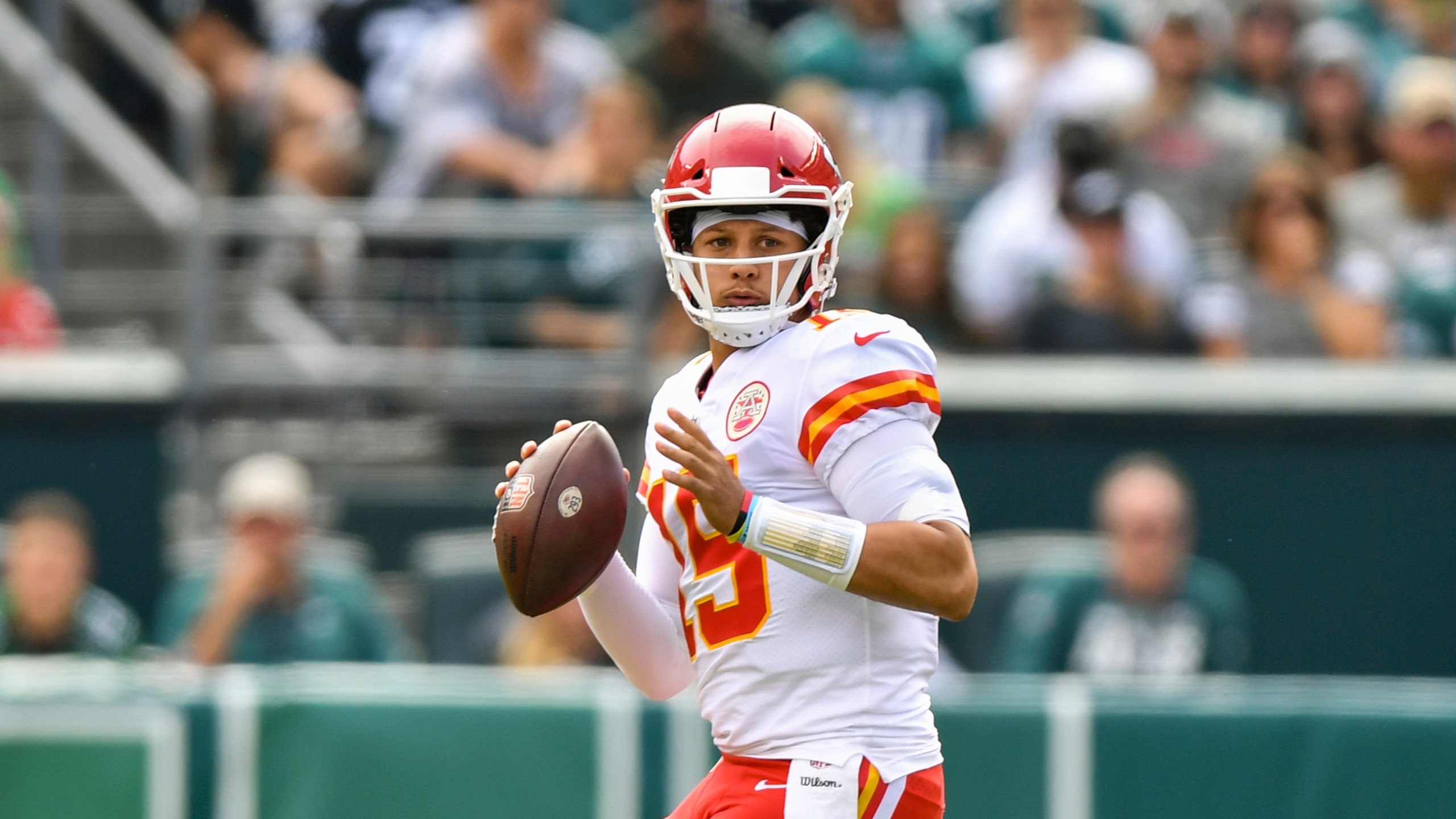 Kansas City Chiefs quarterback Patrick Mahomes (15) looks to pass the ball during the first quarter of an NFL football game against the Philadelphia Eagles, Sunday, Oct. 3, 2021, in Philadelphia. (AP Photo/Terrance Williams)