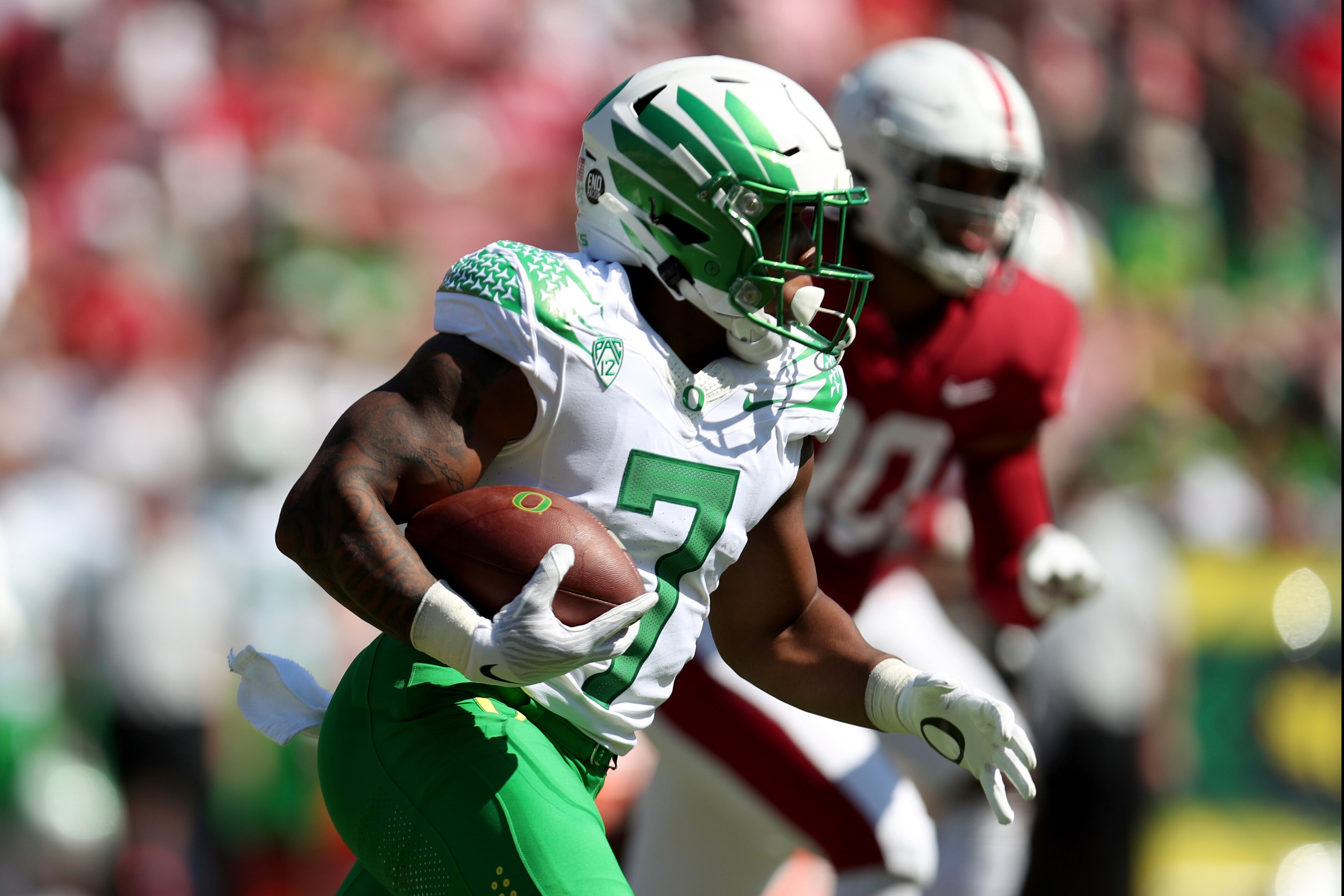 Oregons' CJ Verdell runs against Stanford during the first half of an NCAA college football game in Stanford, Calif., Saturday, Oct. 2, 2021. (AP Photo/Jed Jacobsohn) Oregons' CJ Verdell runs against Stanford during the first half of an NCAA college football game in Stanford, Calif., Saturday, Oct. 2, 2021. (AP Photo/Jed Jacobsohn)