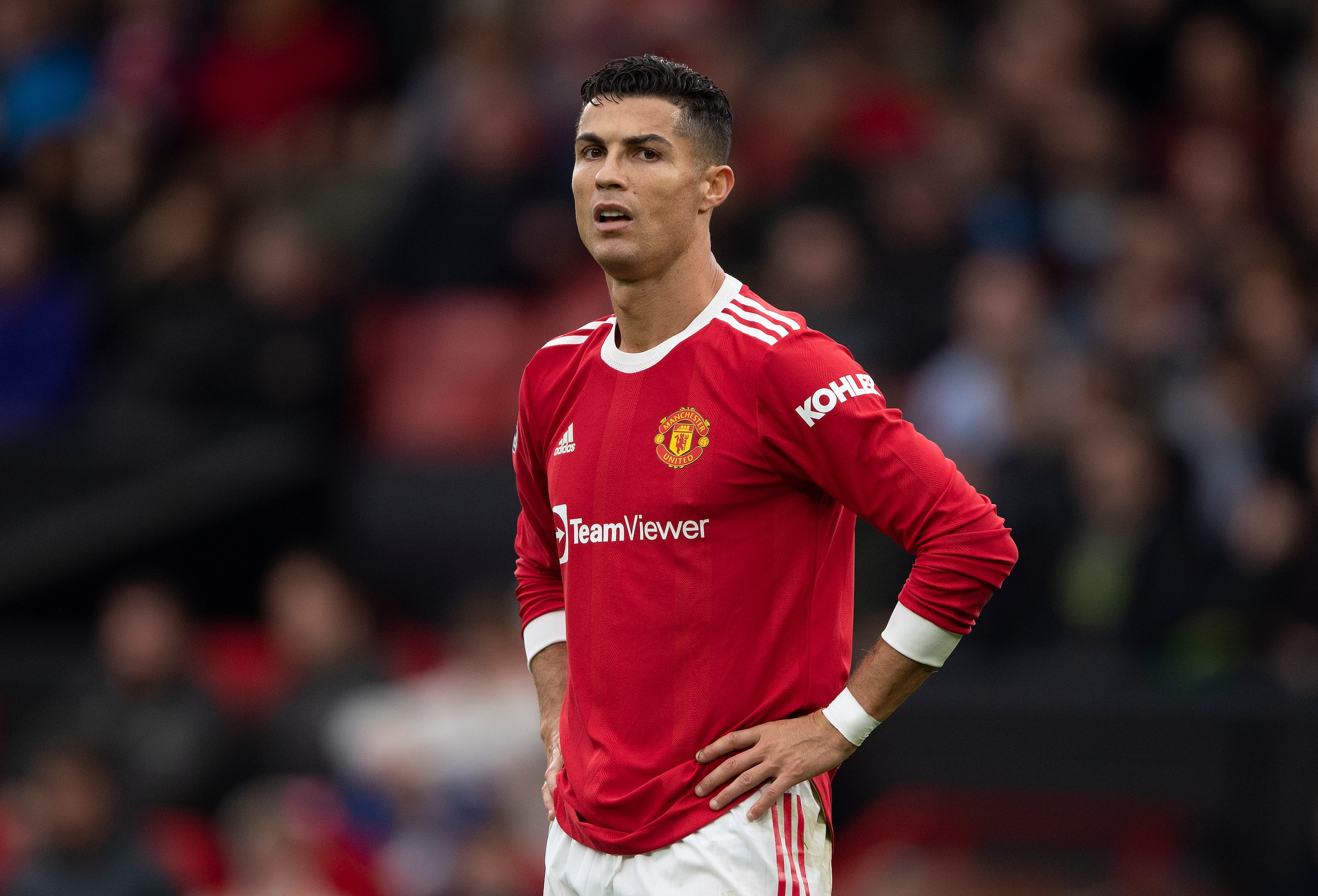 MANCHESTER, ENGLAND - OCTOBER 02: Cristiano Ronaldo of Manchester United during the Premier League match between Manchester United and Everton at Old Trafford on October 02, 2021 in Manchester, England. (Photo by Visionhaus/Getty Images)